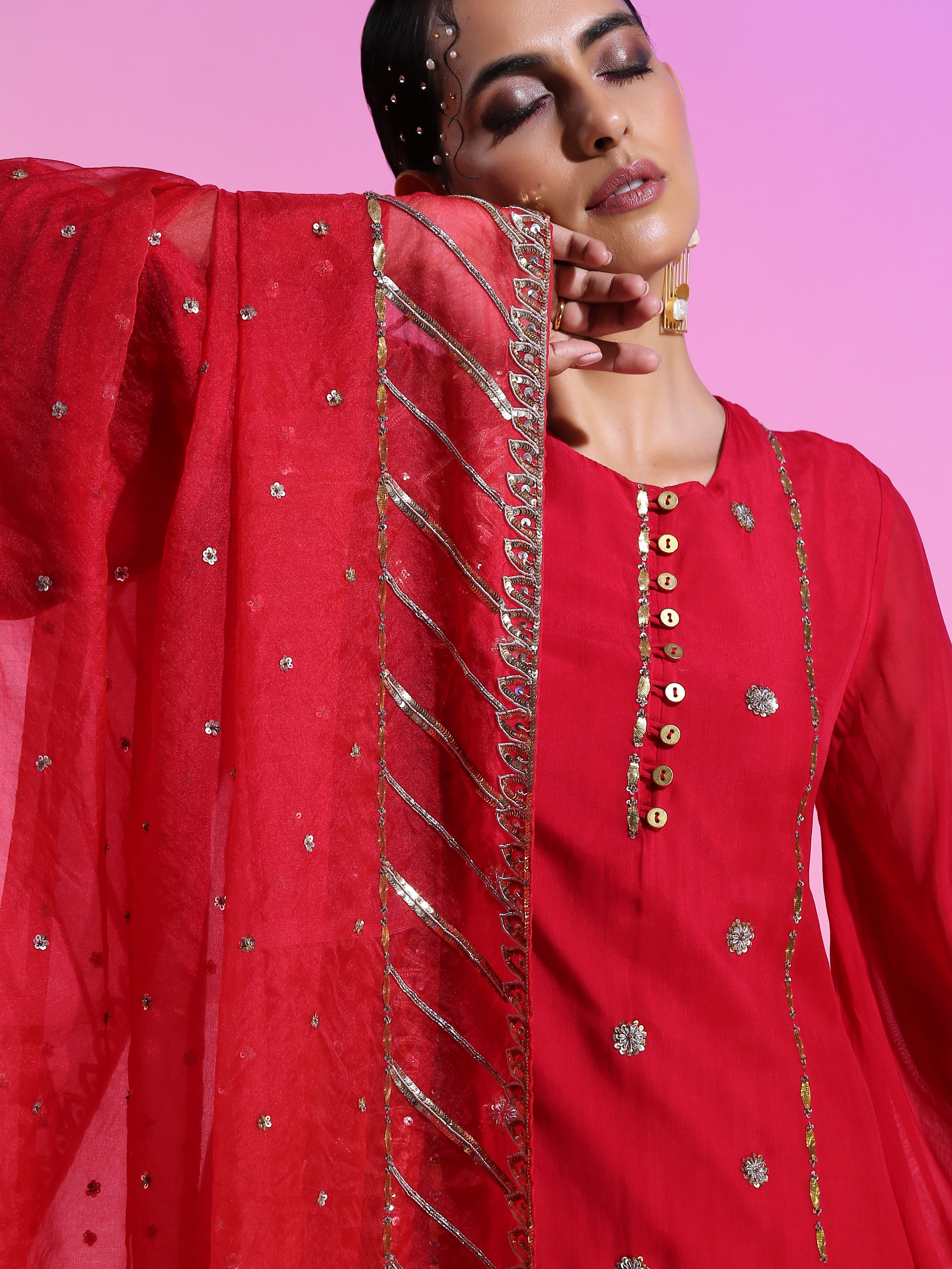 Red Organza Gotta Dabka Drop Waist Lehenga Kurta Dupatta Set
