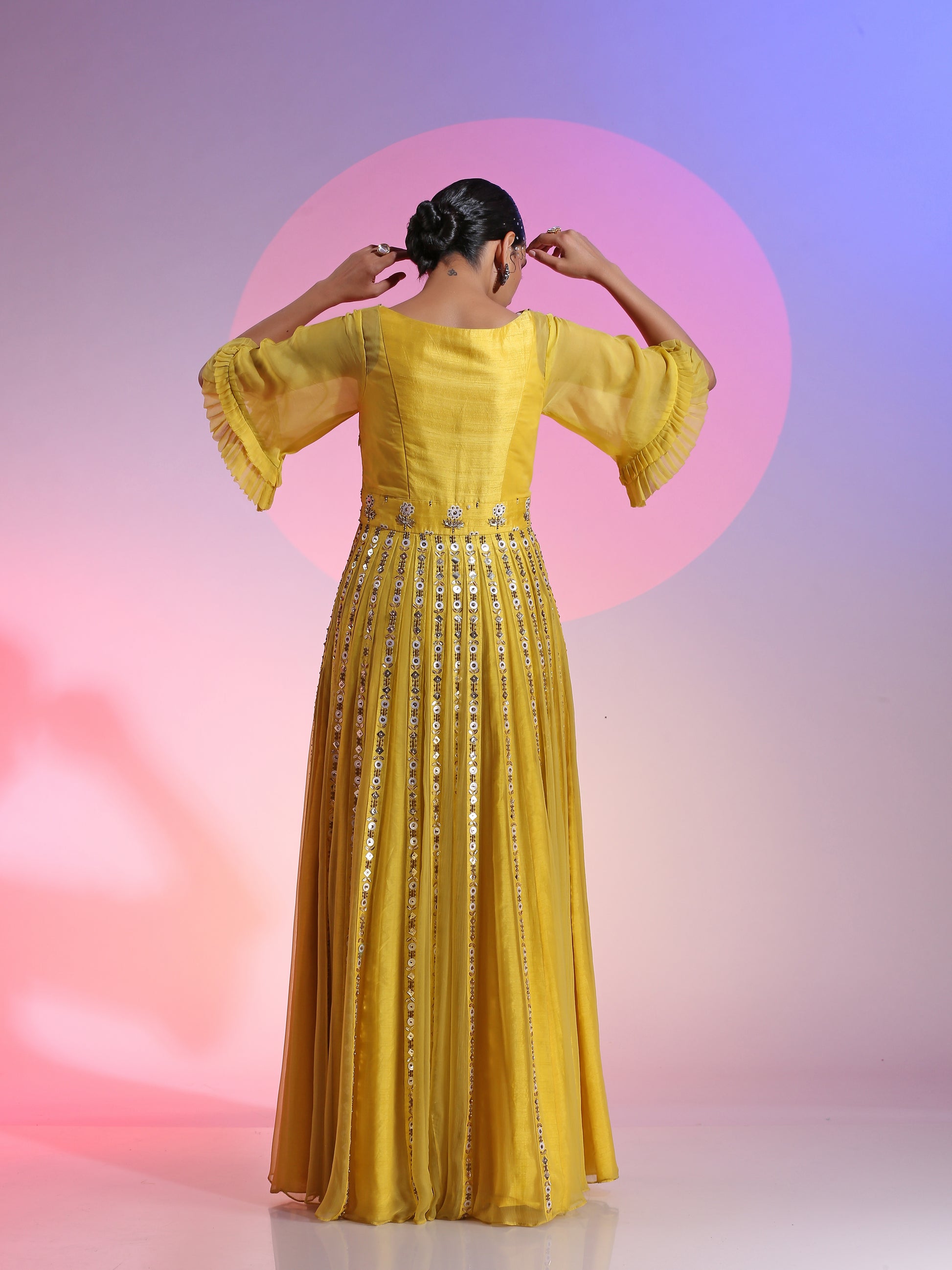 Yellow Resham Dabka Sequin Beaded Layered Gown Paper Silk Sleeves