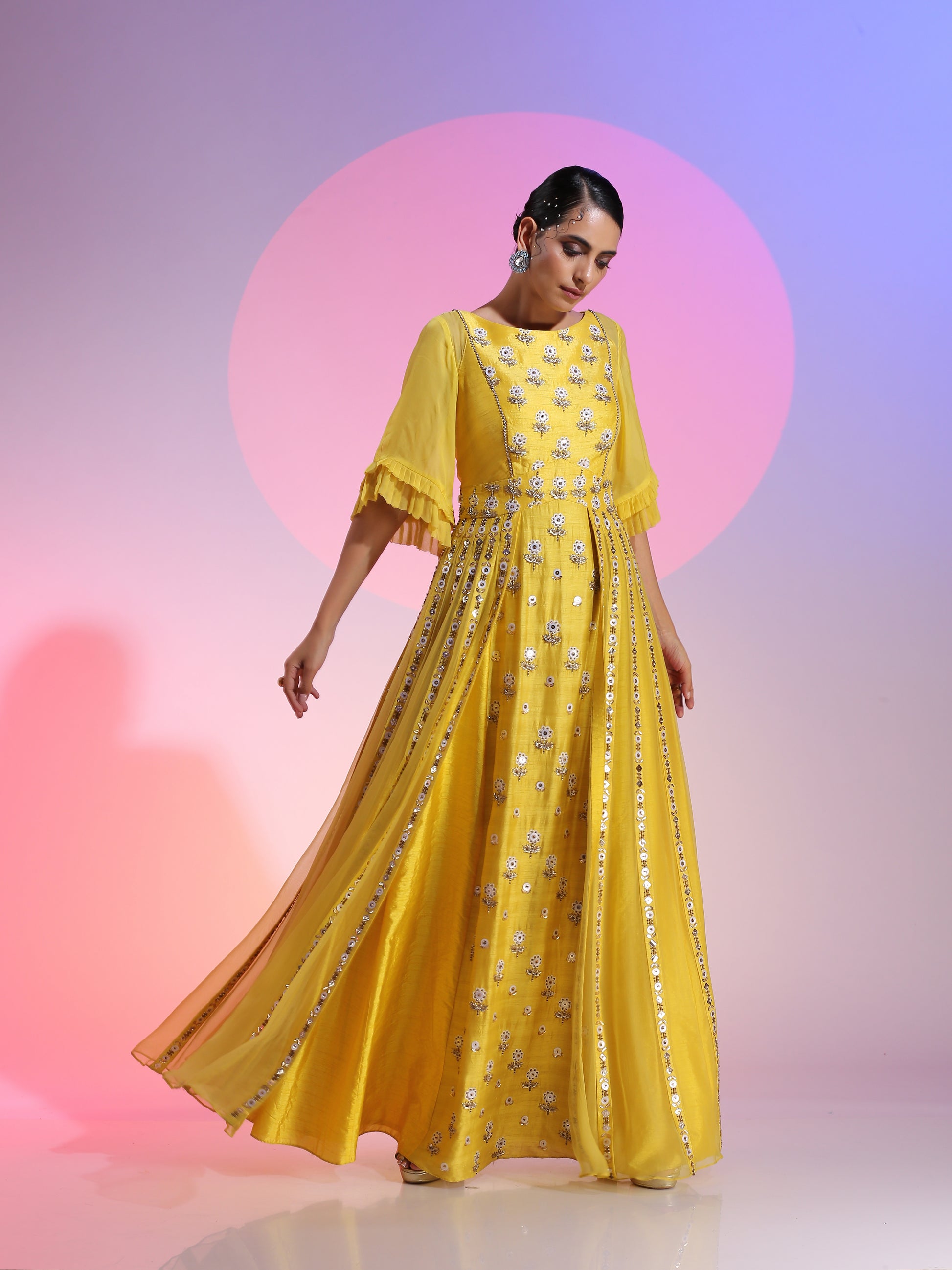 Yellow Resham Dabka Sequin Beaded Layered Gown Paper Silk Sleeves