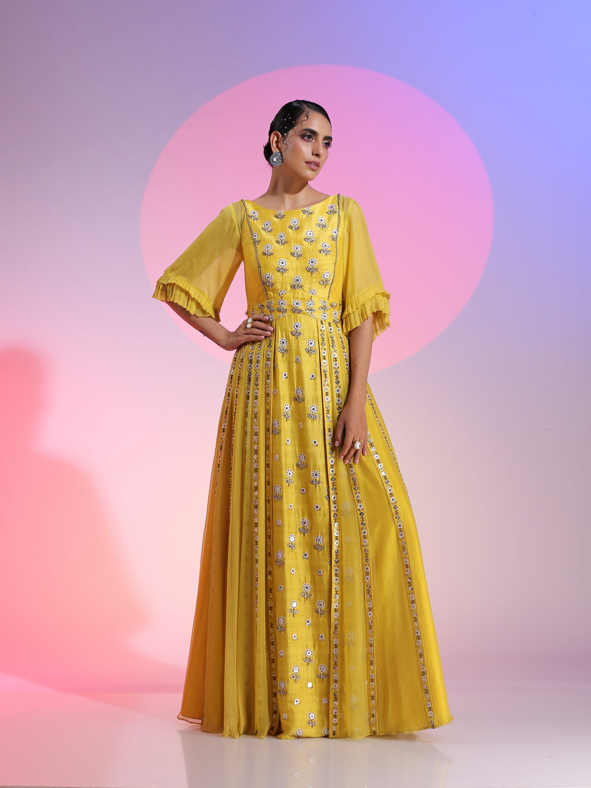 Yellow Resham Dabka Sequin Beaded Layered Gown Paper Silk Sleeves