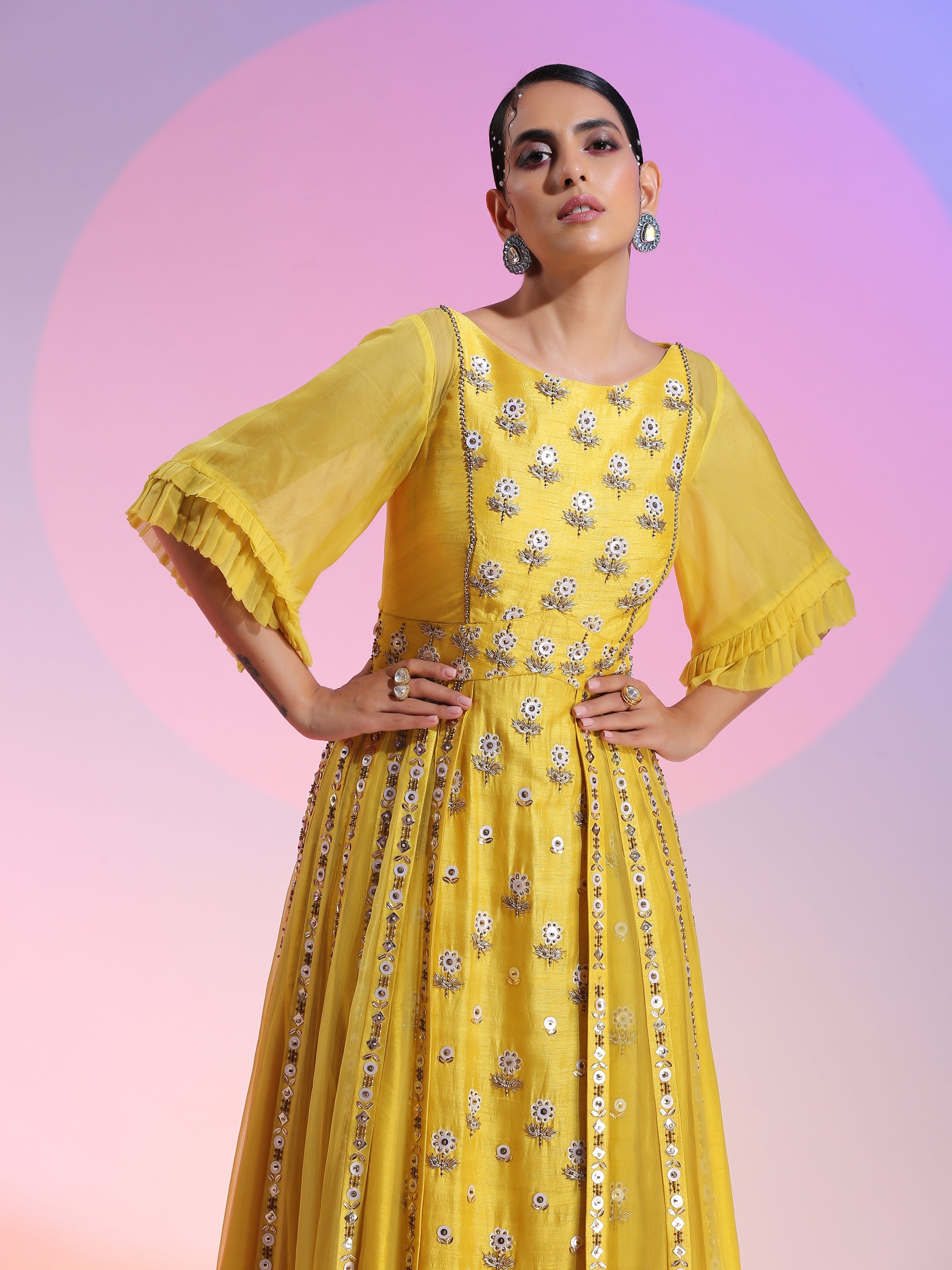Yellow Resham Dabka Sequin Beaded Layered Gown Paper Silk Sleeves