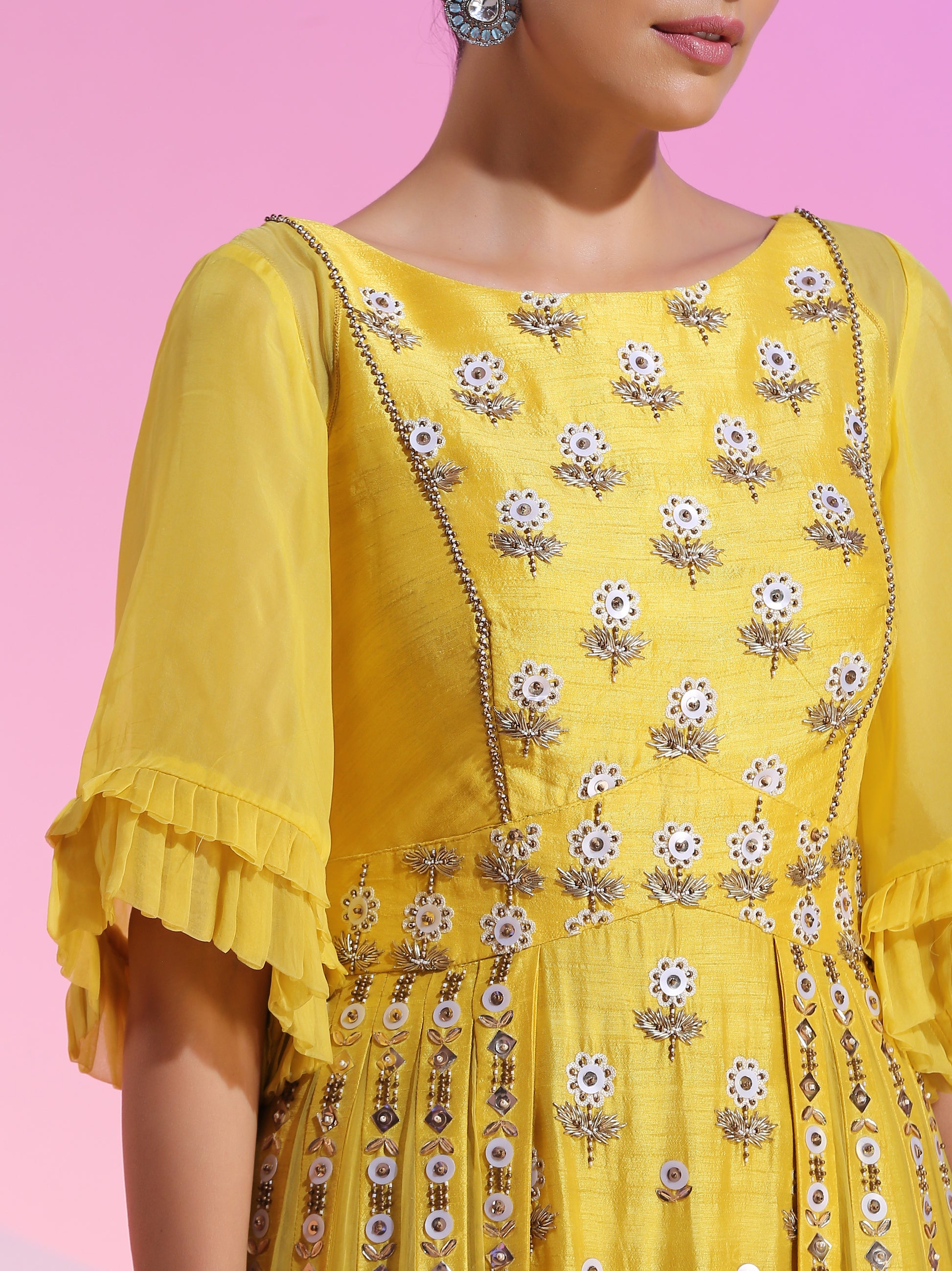 Yellow Resham Dabka Sequin Beaded Layered Gown Paper Silk Sleeves