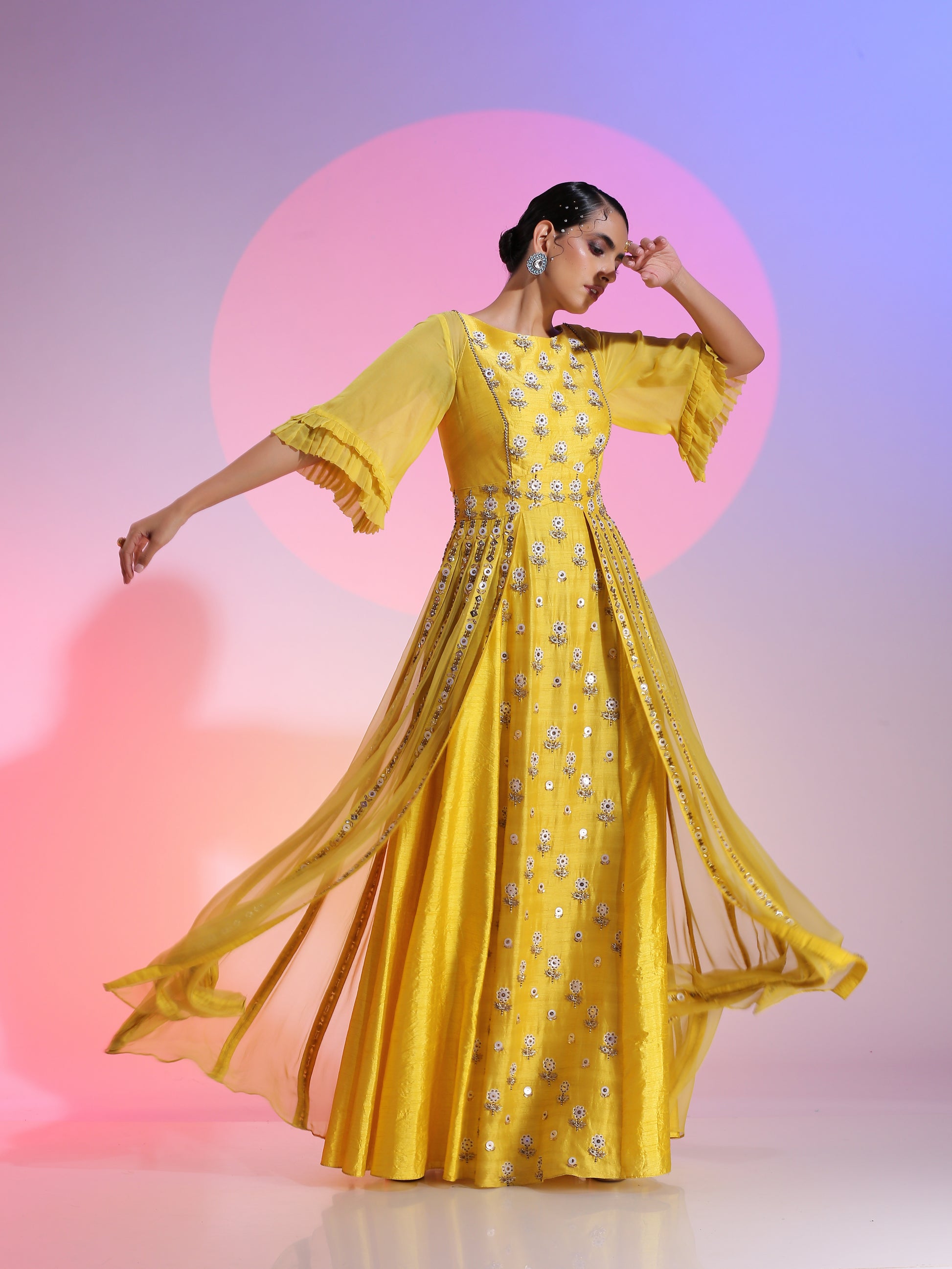 Yellow Resham Dabka Sequin Beaded Layered Gown Paper Silk Sleeves