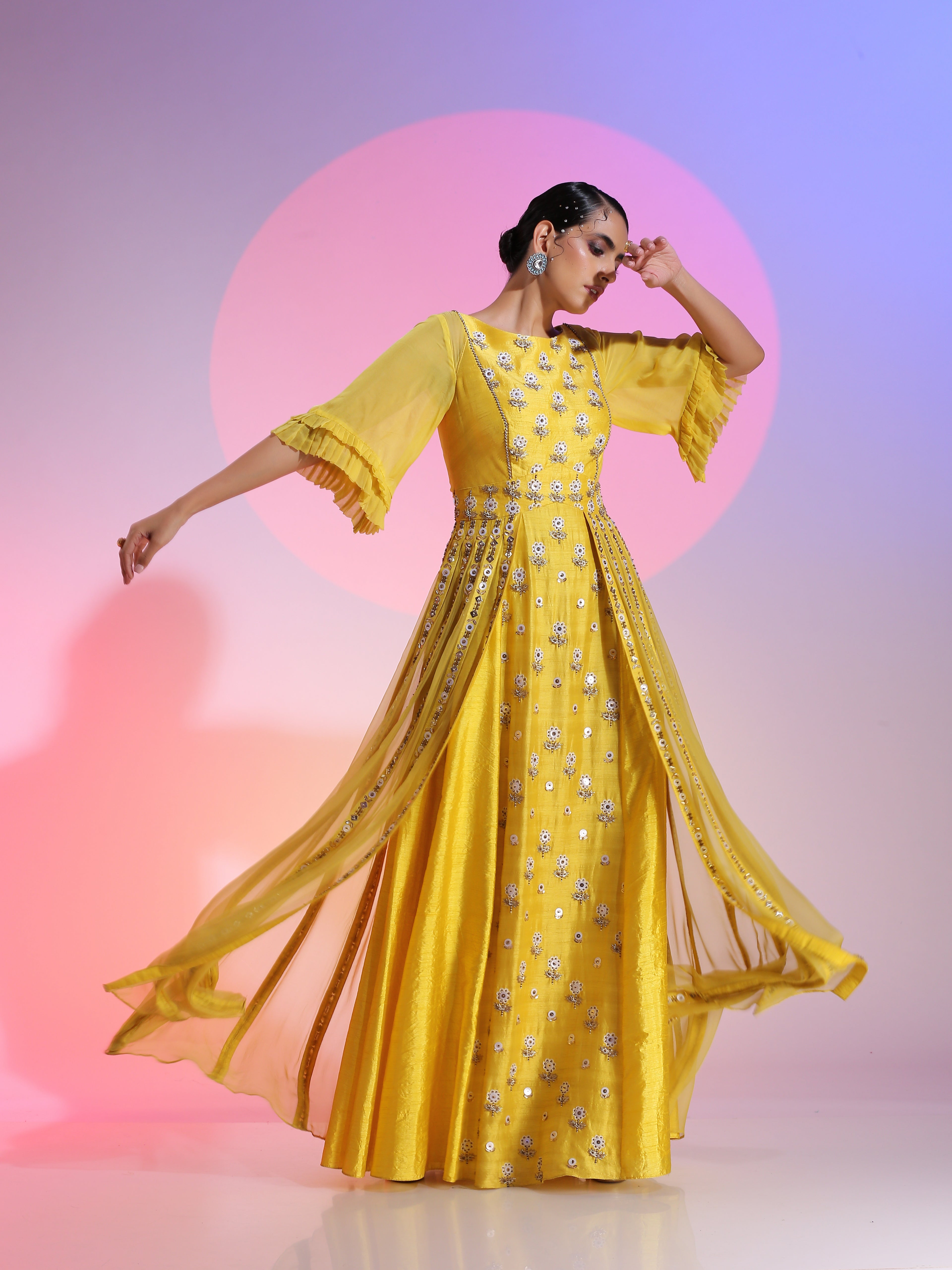 Yellow Resham Dabka Sequin Beaded Layered Gown Paper Silk Sleeves