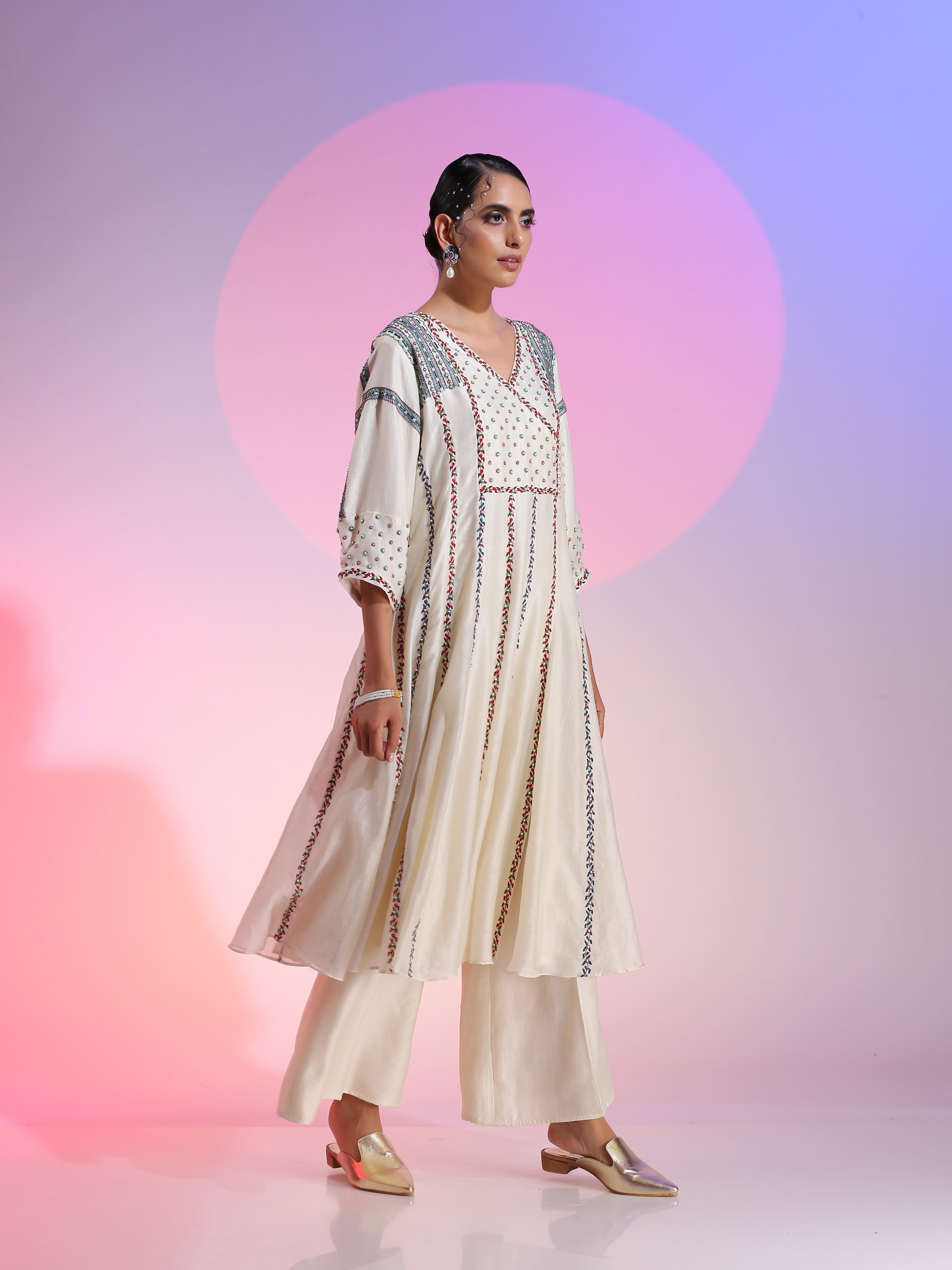 Ivory Resham Beadwork Kalidar Kurta Pants Set Heavy Shoulder Detail