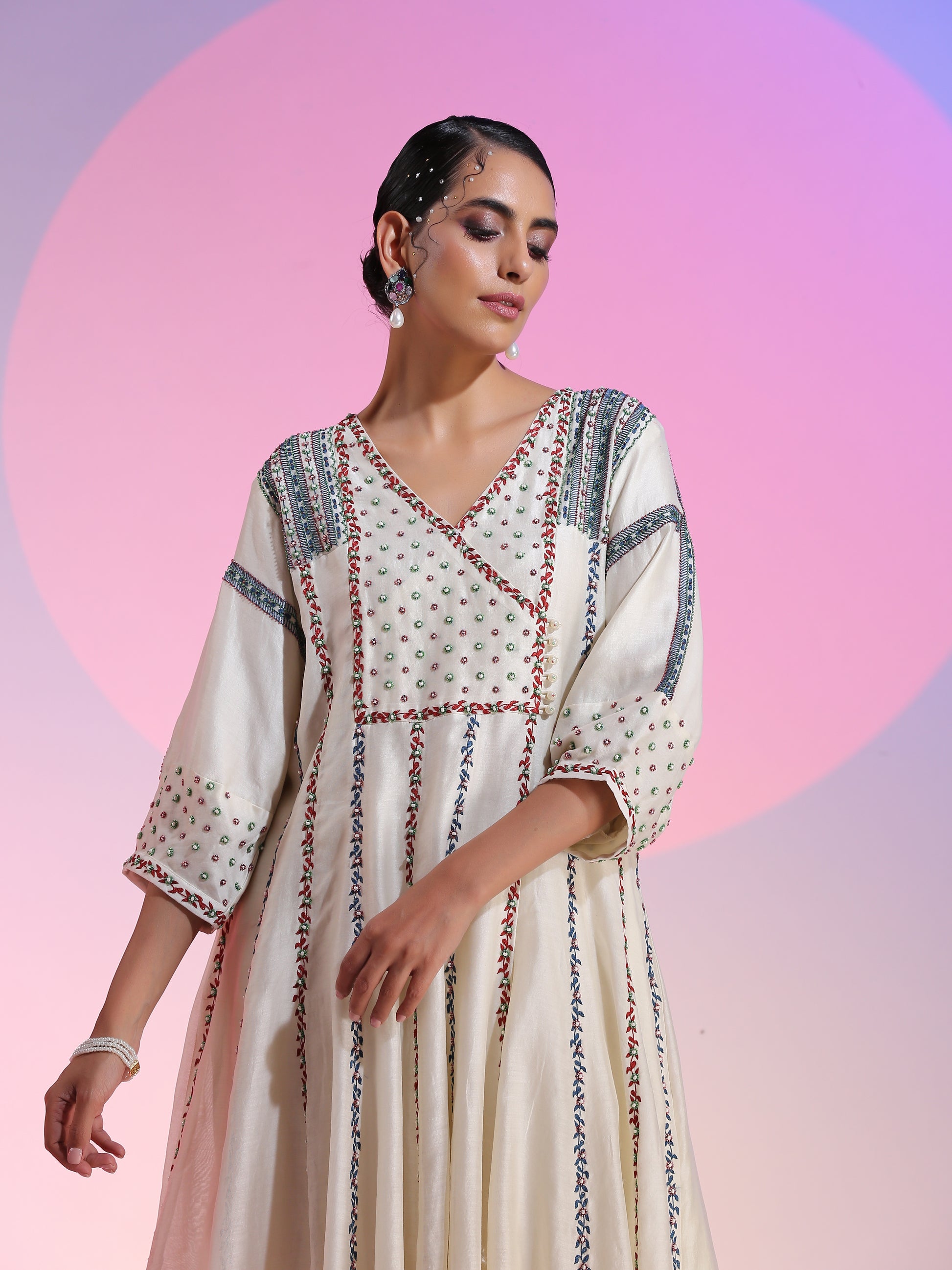 Ivory Resham Beadwork Kalidar Kurta Pants Set Heavy Shoulder Detail