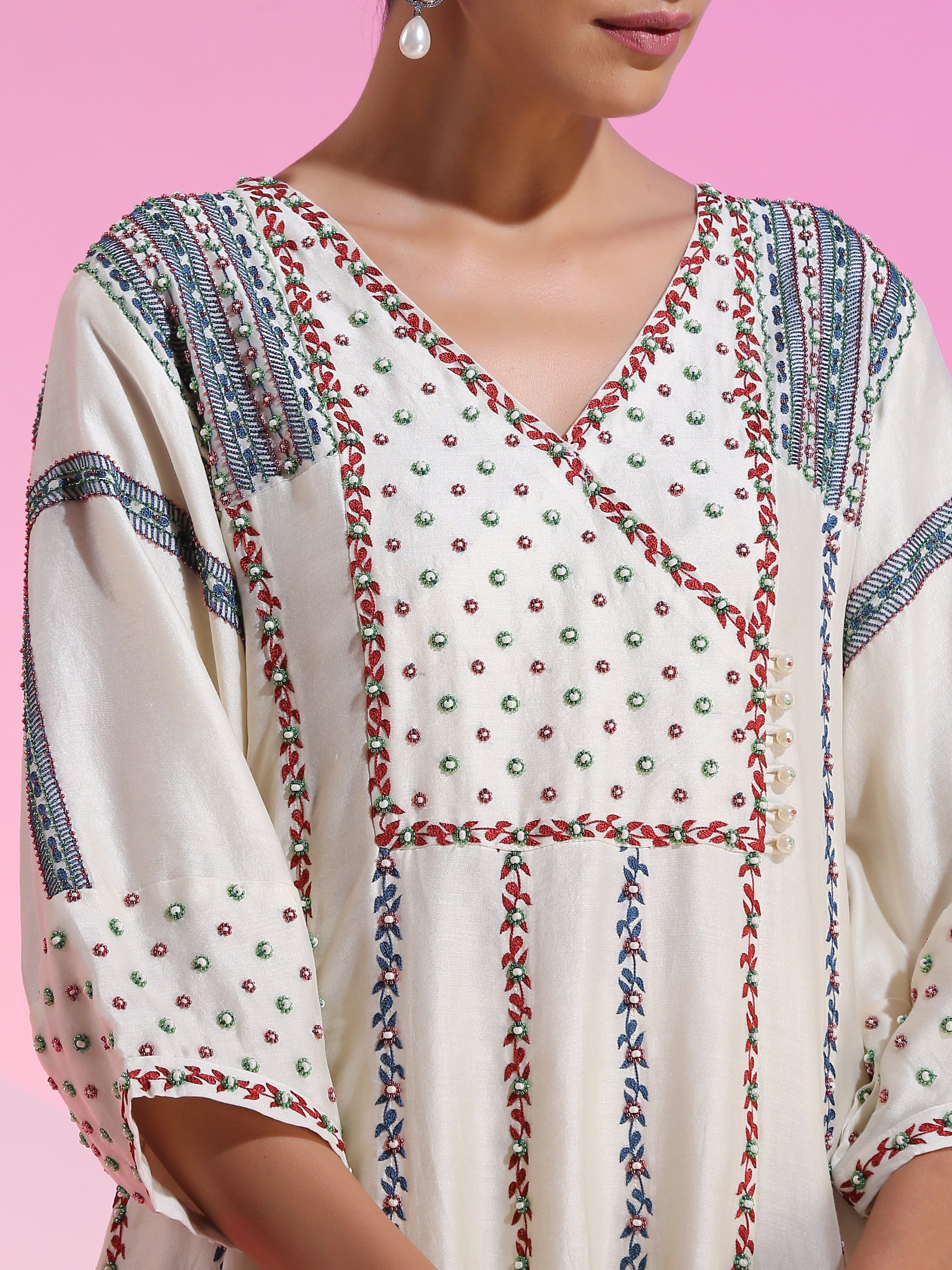 Ivory Resham Beadwork Kalidar Kurta Pants Set Heavy Shoulder Detail