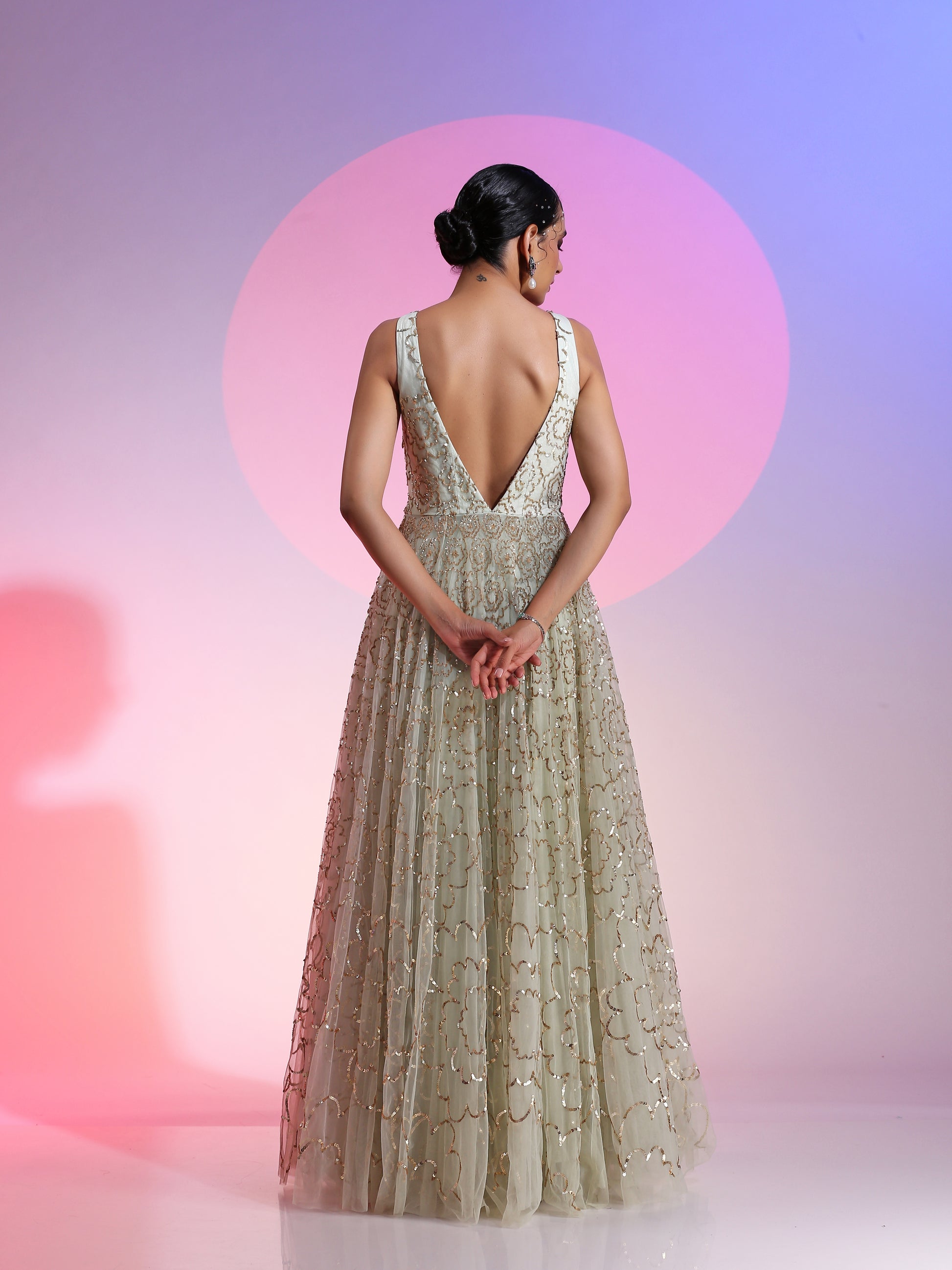 Sea Green White Net Sequin Embroidery Flared Gown