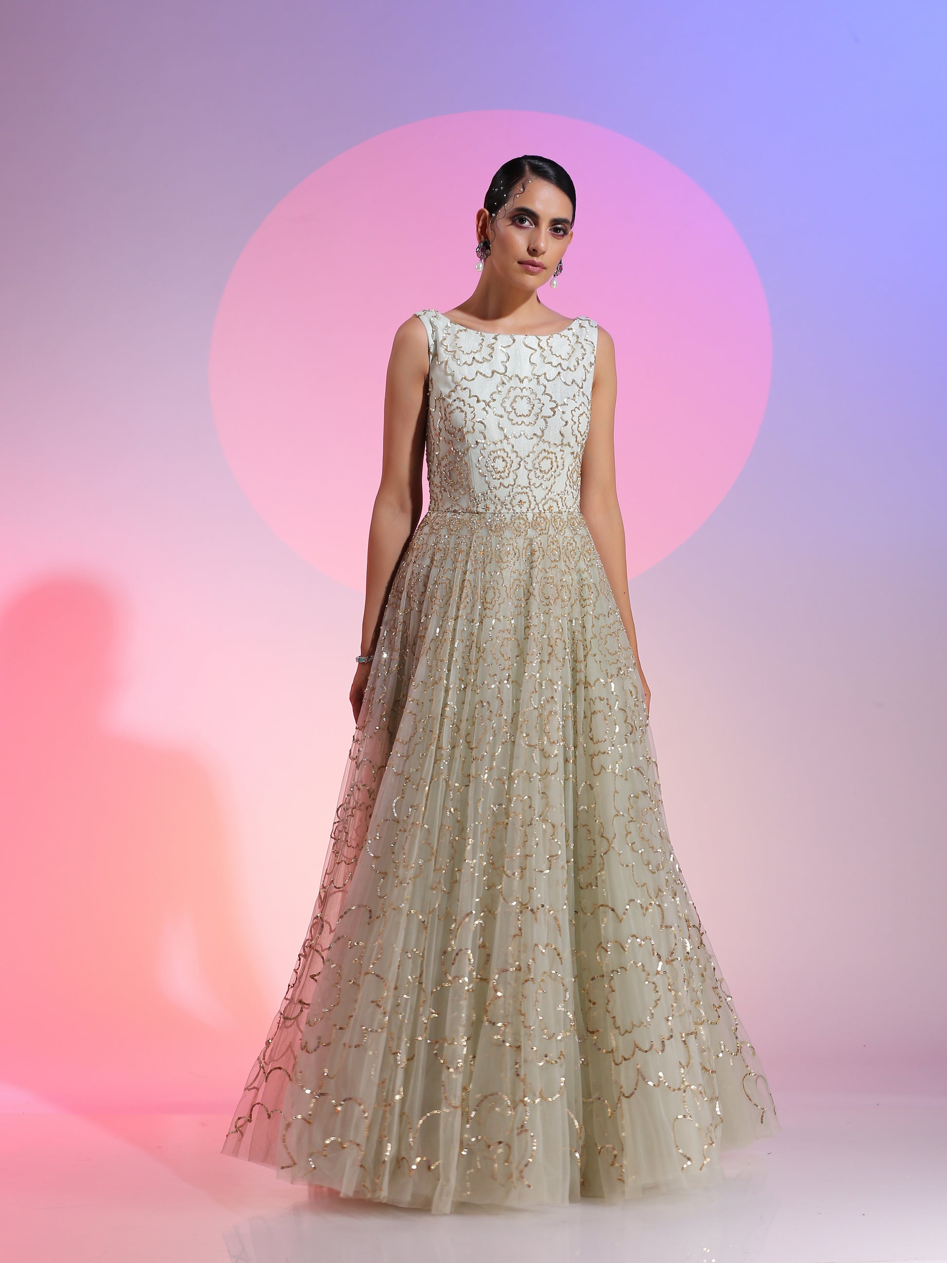 Sea Green White Net Sequin Embroidery Flared Gown