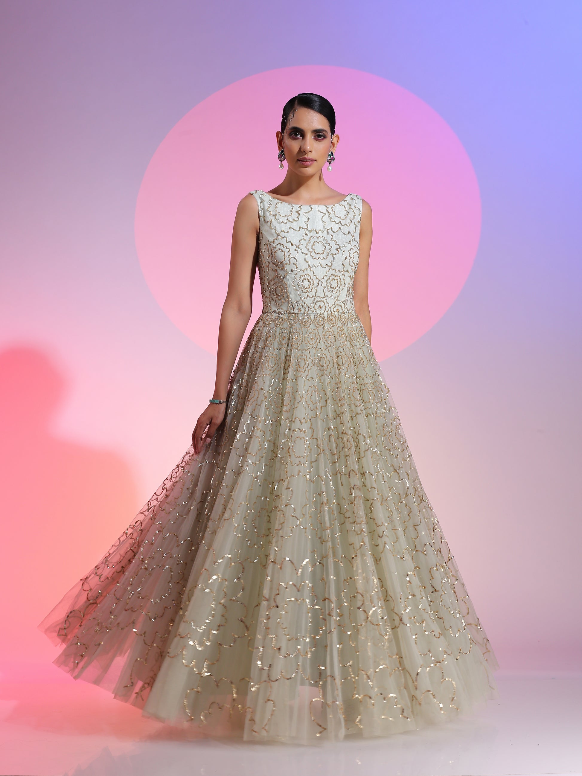 Sea Green White Net Sequin Embroidery Flared Gown