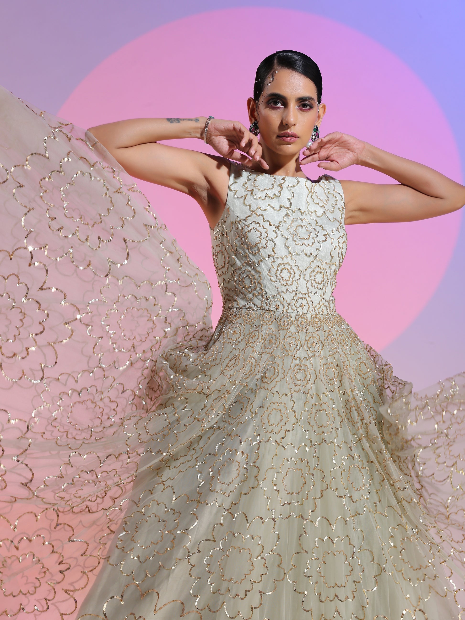 Sea Green White Net Sequin Embroidery Flared Gown