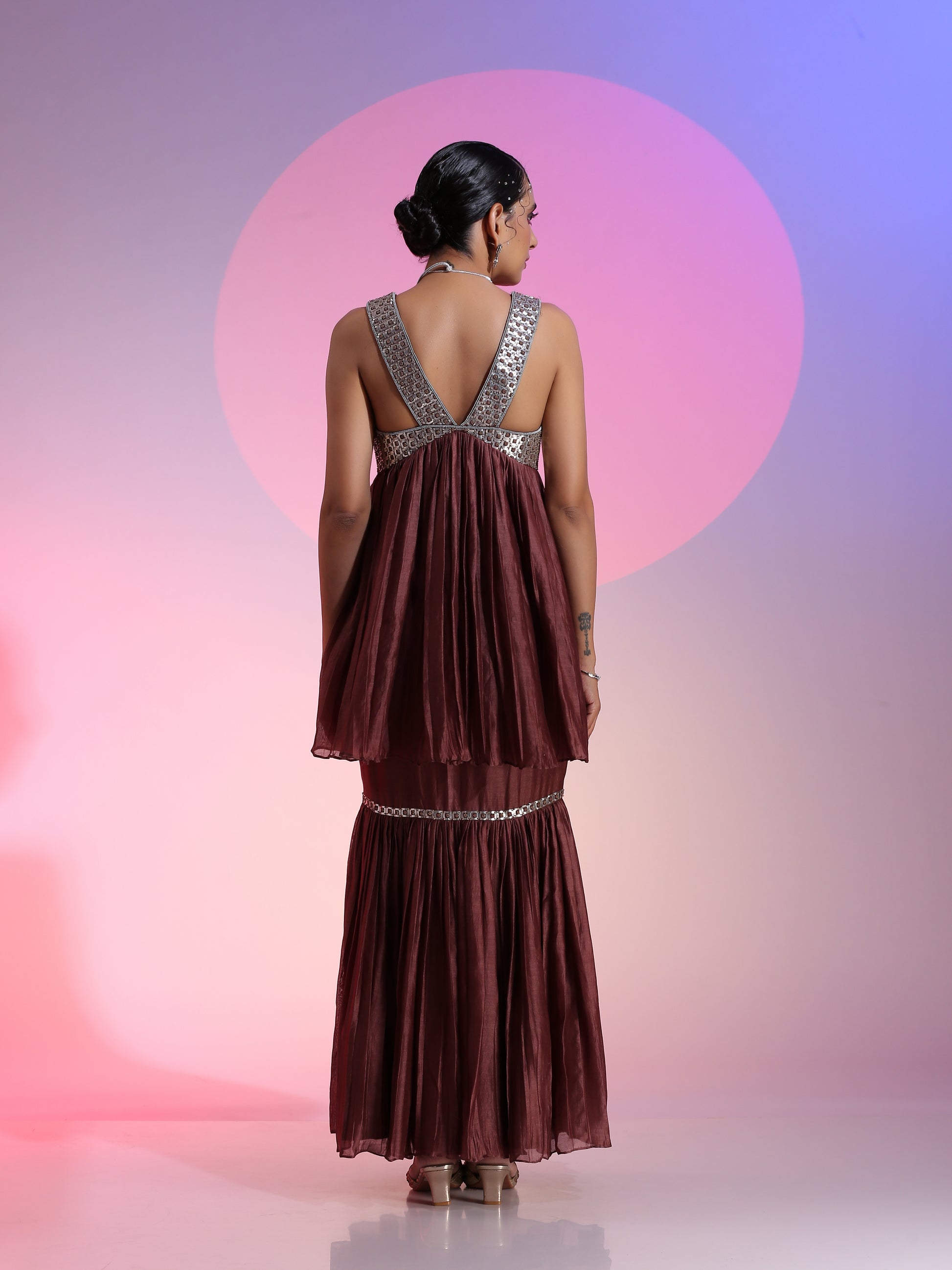 Silver Brown Chanderi Sequin Beadwork Peplum Mermaid Skirt Set