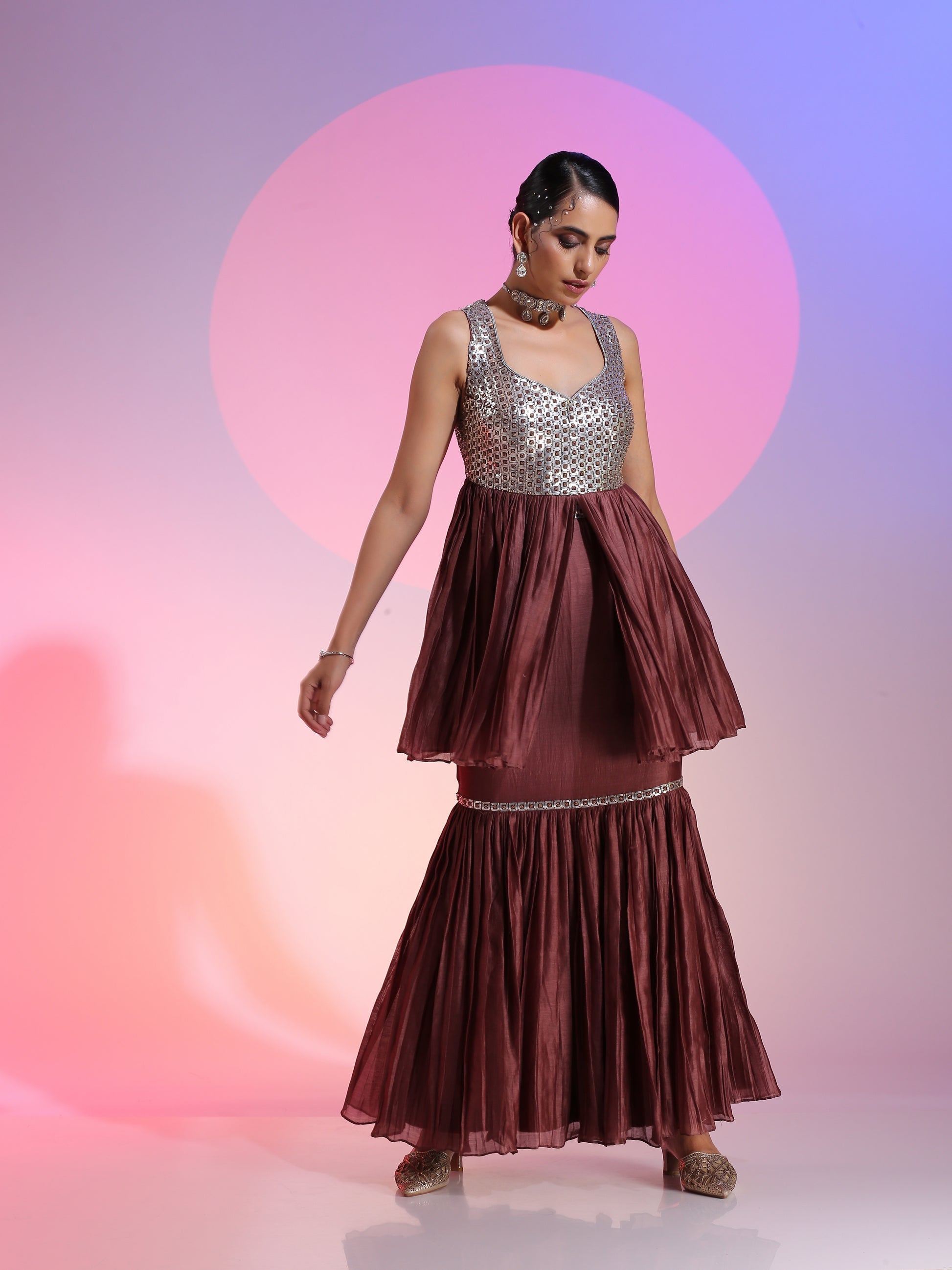 Silver Brown Chanderi Sequin Beadwork Peplum Mermaid Skirt Set