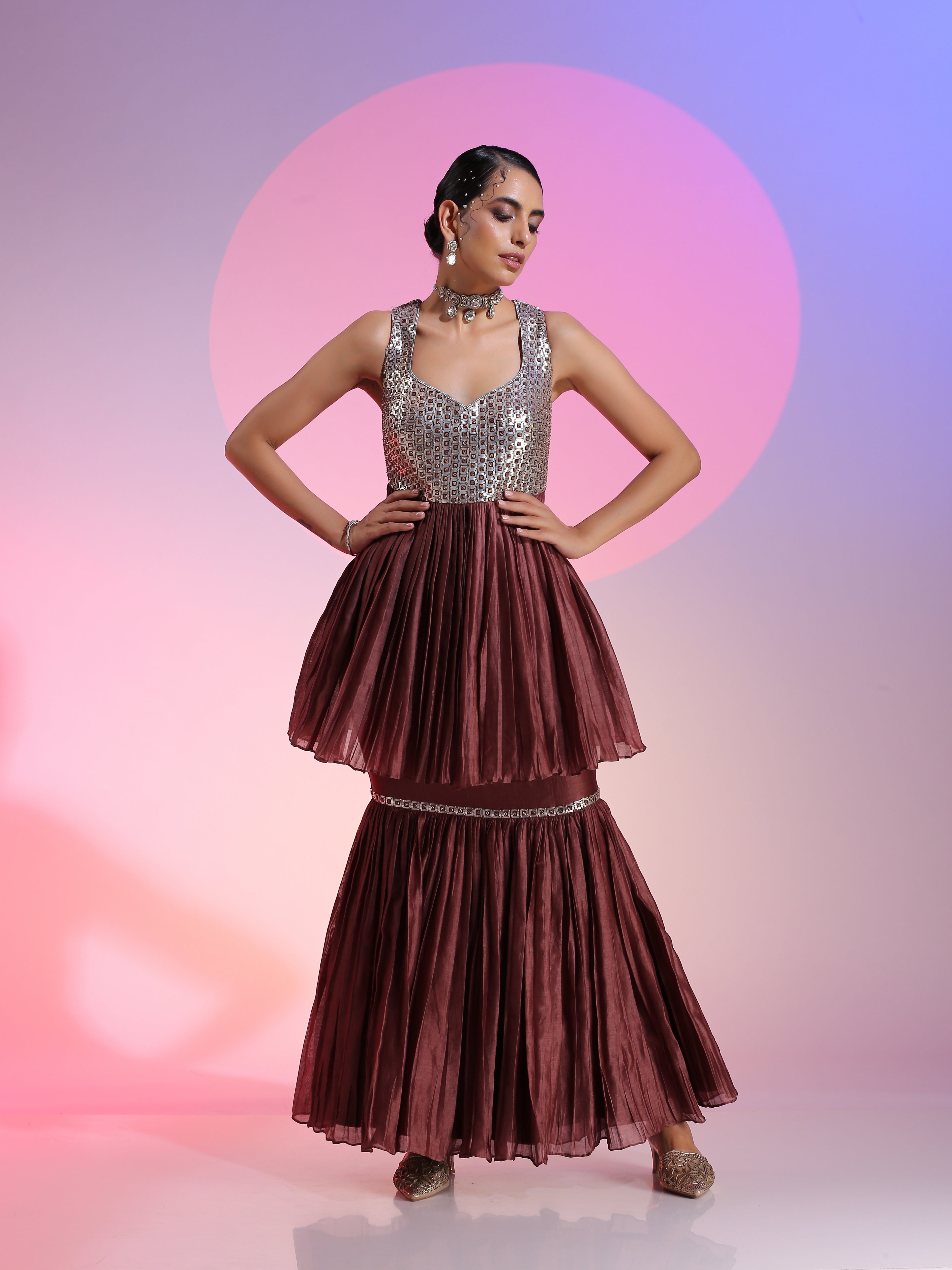 Silver Brown Chanderi Sequin Beadwork Peplum Mermaid Skirt Set