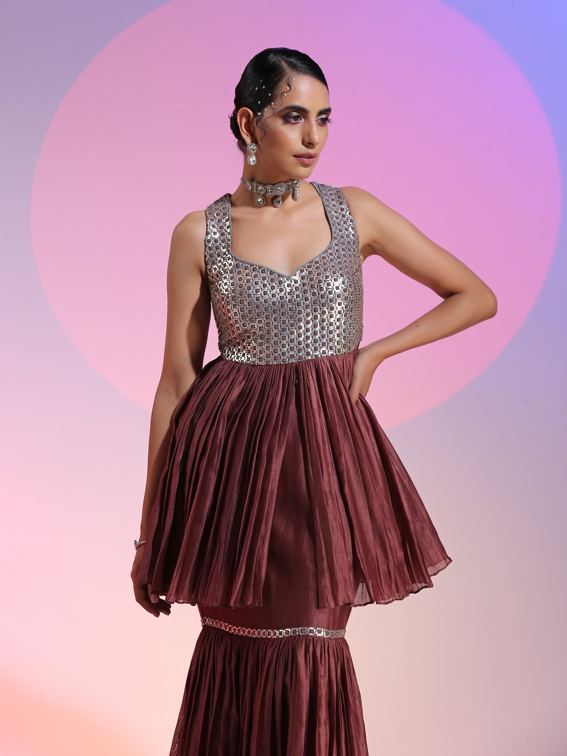 Silver Brown Chanderi Sequin Beadwork Peplum Mermaid Skirt Set