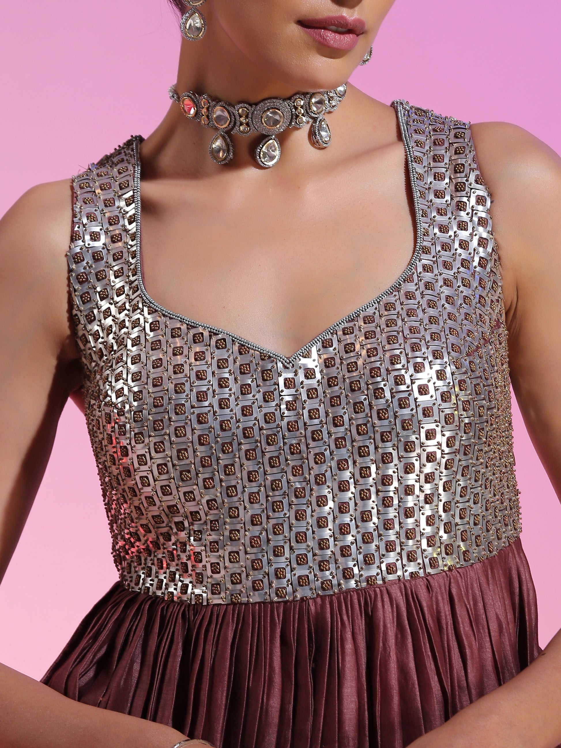 Silver Brown Chanderi Sequin Beadwork Peplum Mermaid Skirt Set