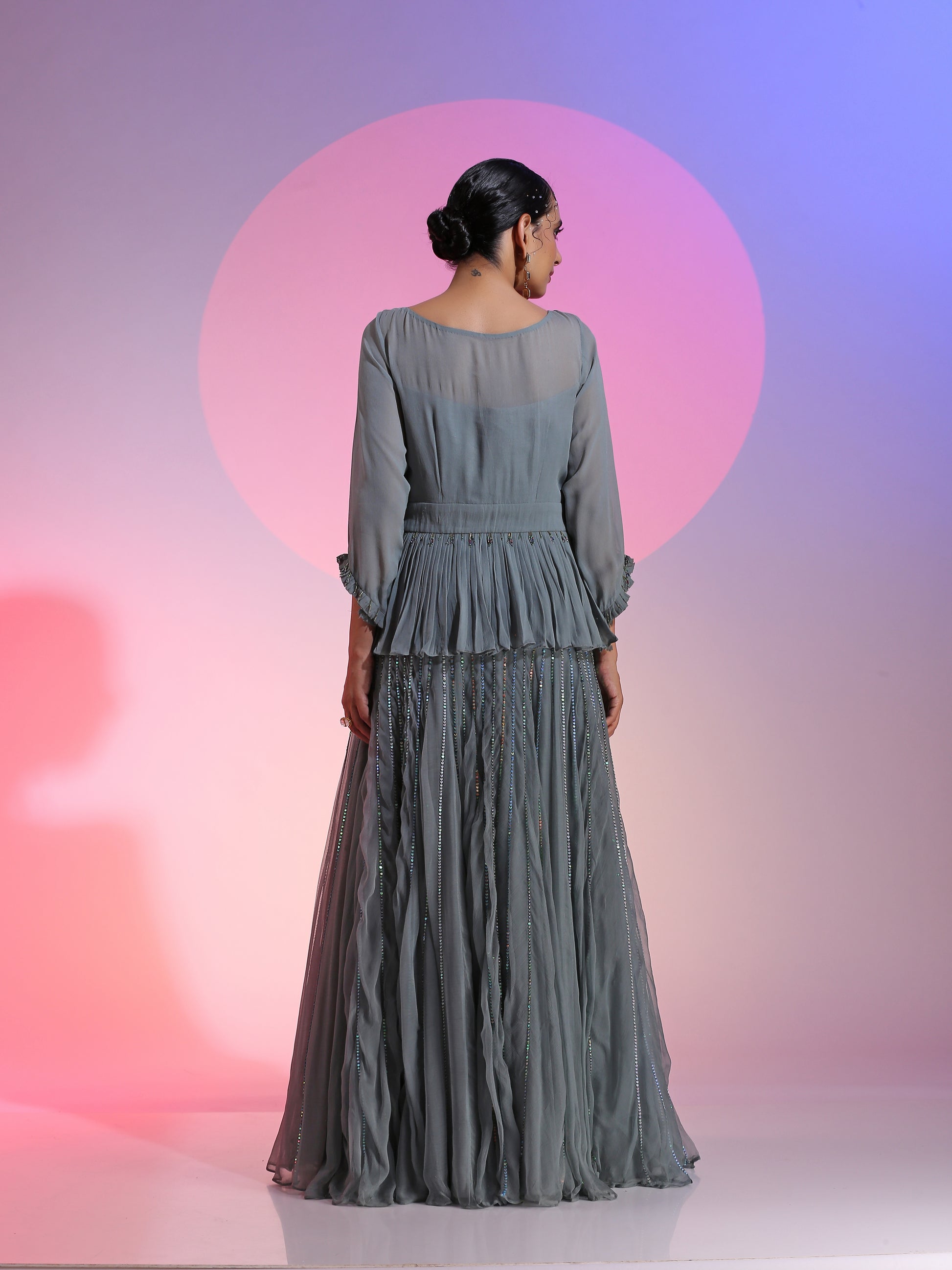 Steel Gray Blue Georgette Sequin Beadwork Peplum Drop Waist Skirt Set