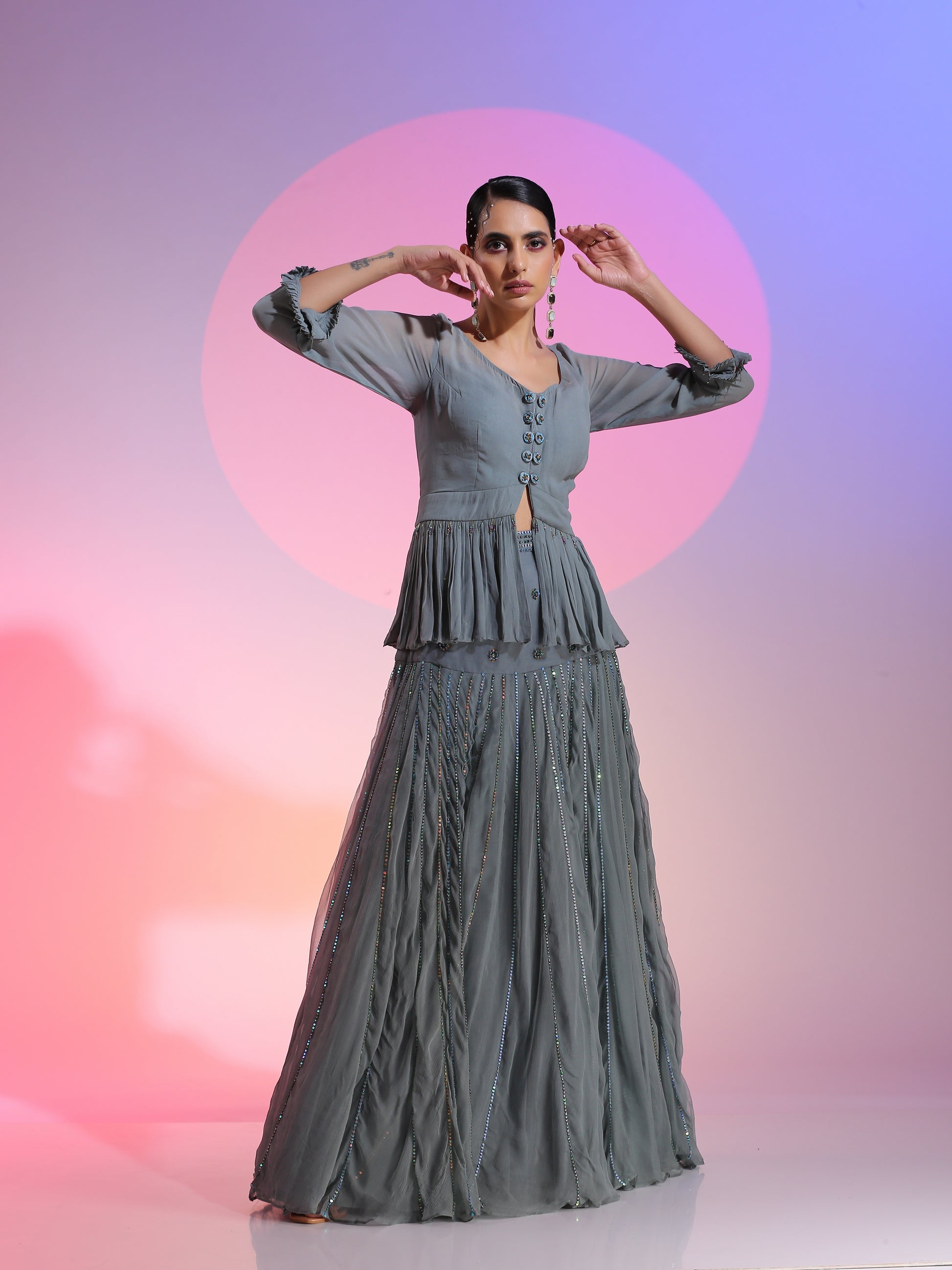 Steel Gray Blue Georgette Sequin Beadwork Peplum Drop Waist Skirt Set
