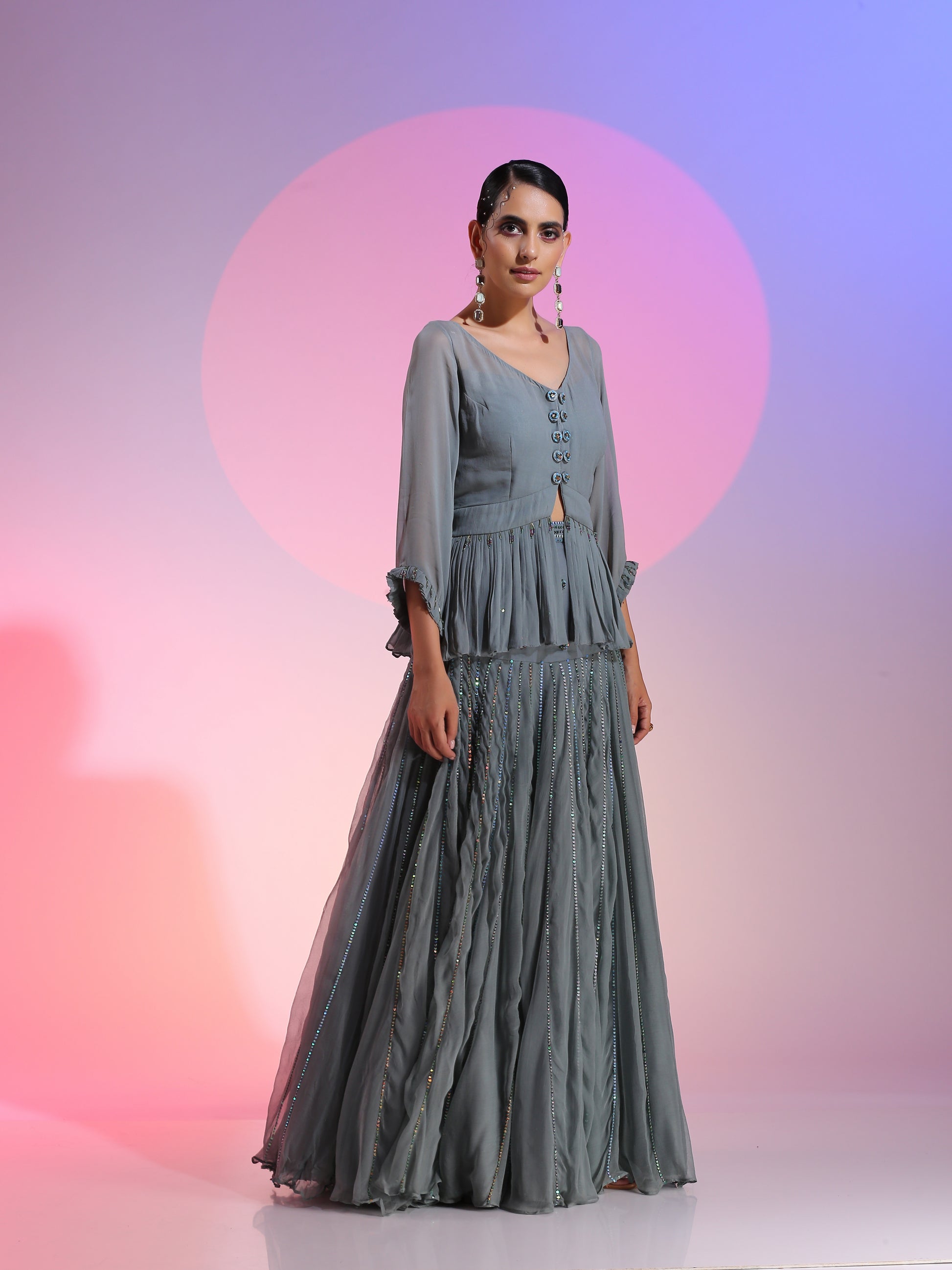 Steel Gray Blue Georgette Sequin Beadwork Peplum Drop Waist Skirt Set