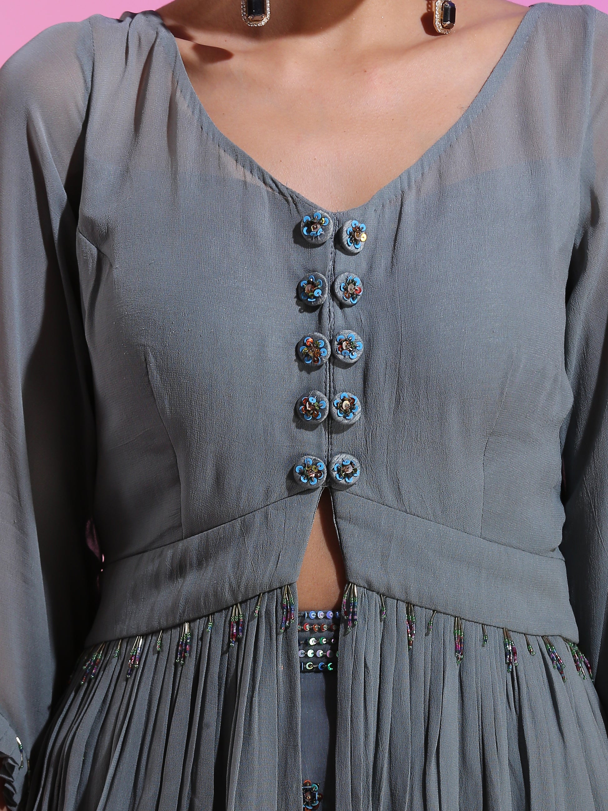 Steel Gray Blue Georgette Sequin Beadwork Peplum Drop Waist Skirt Set