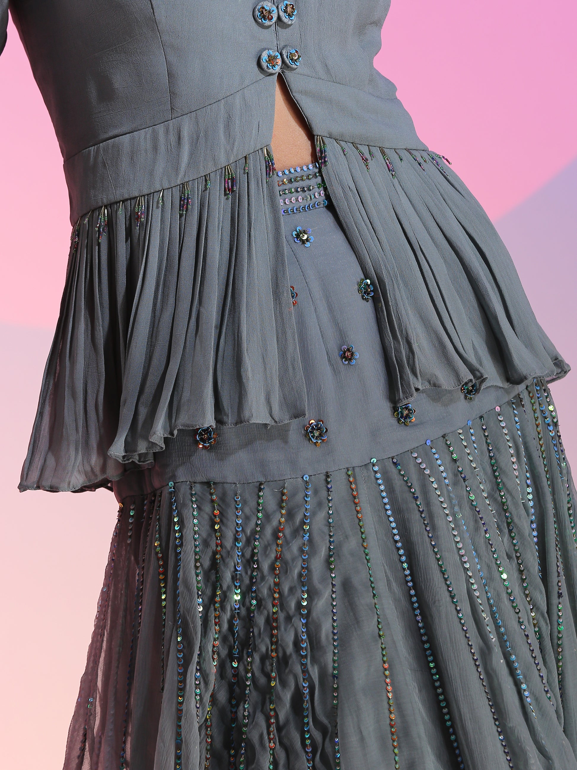 Steel Gray Blue Georgette Sequin Beadwork Peplum Drop Waist Skirt Set