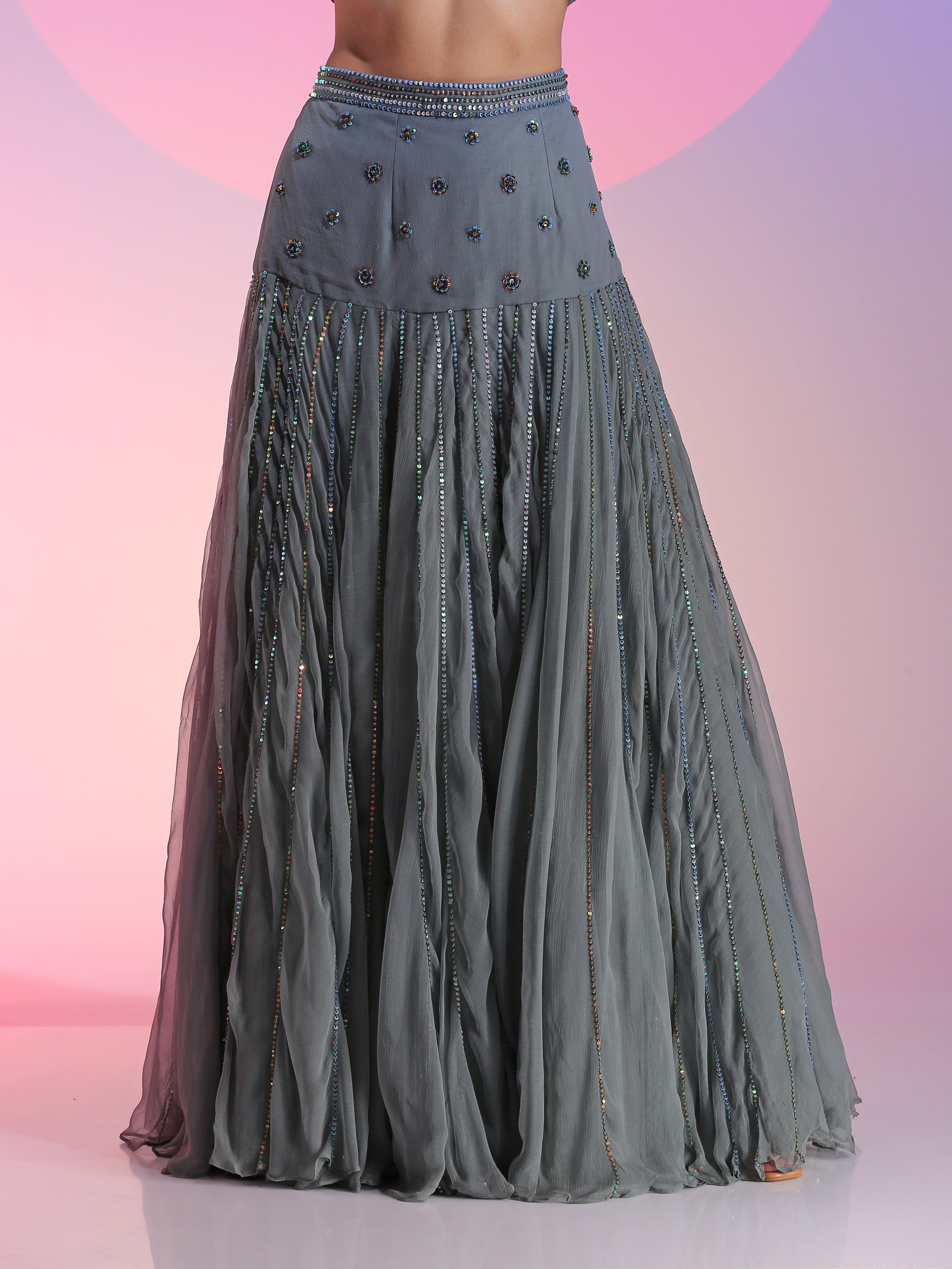 Steel Gray Blue Georgette Sequin Beadwork Peplum Drop Waist Skirt Set