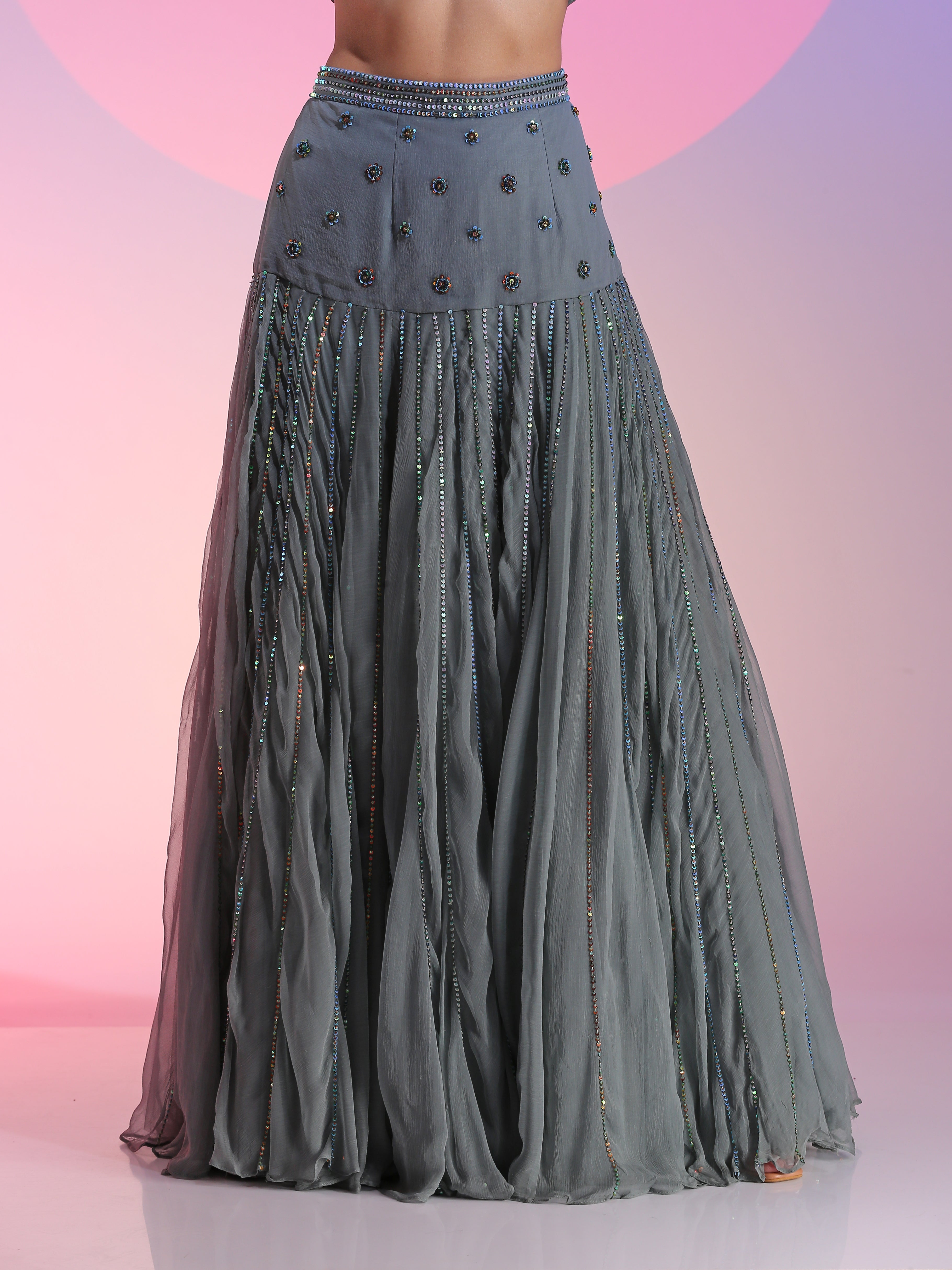 Steel Gray Blue Georgette Sequin Beadwork Peplum Drop Waist Skirt Set