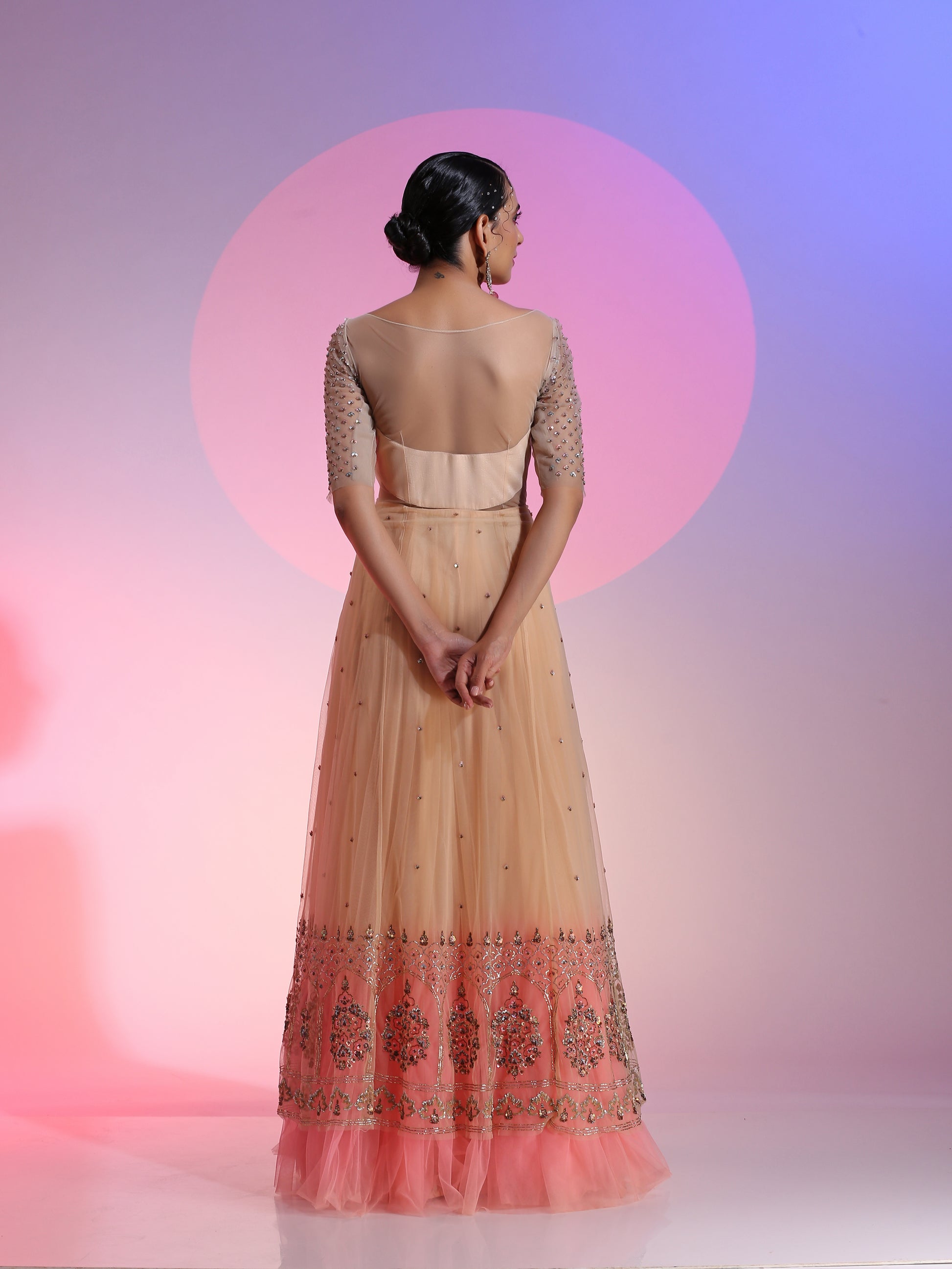 Peach Pink Ombre Net Pitta Sequin Bead Kalidar Gown Illusive Neckline