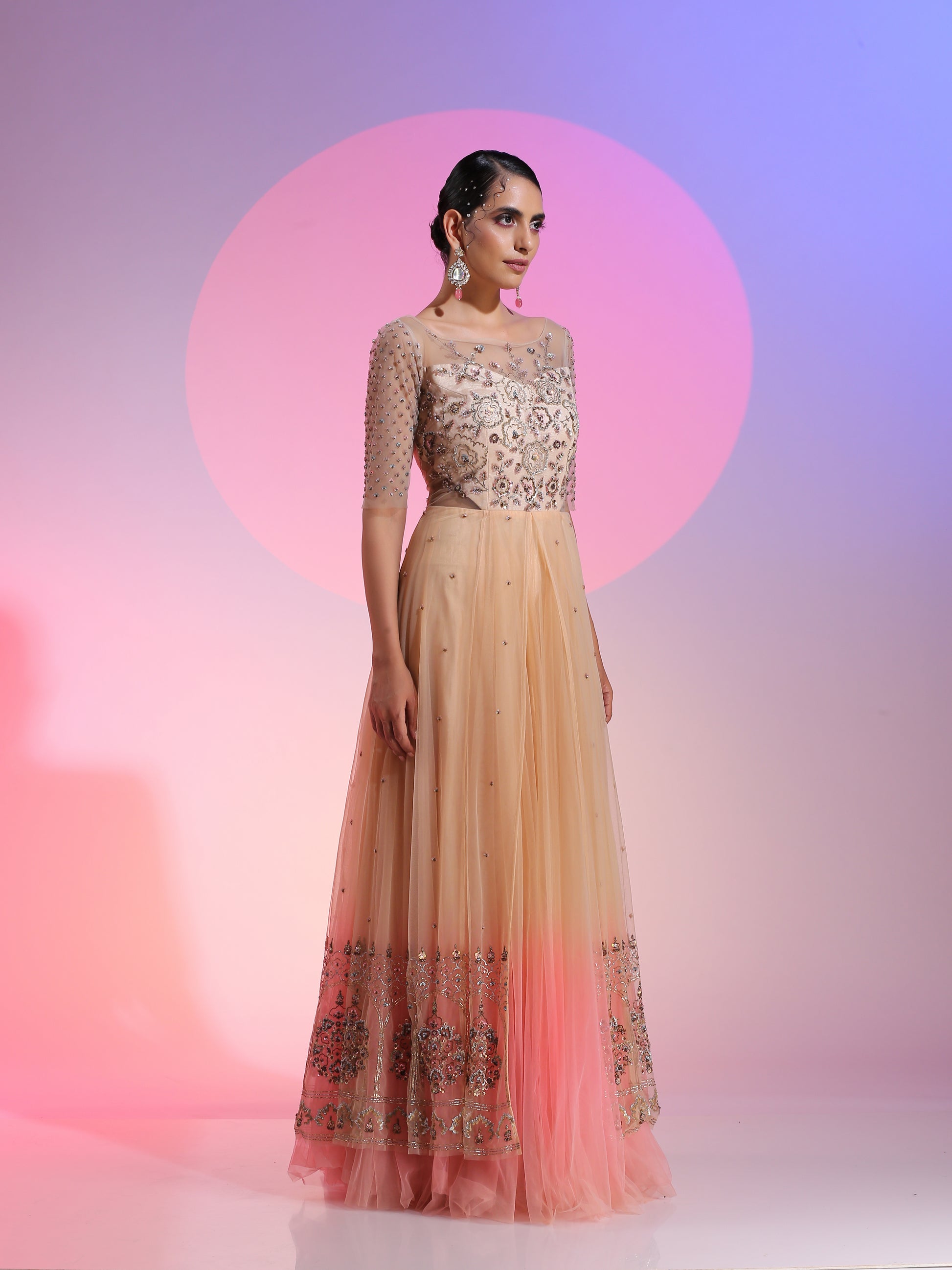Peach Pink Ombre Net Pitta Sequin Bead Kalidar Gown Illusive Neckline