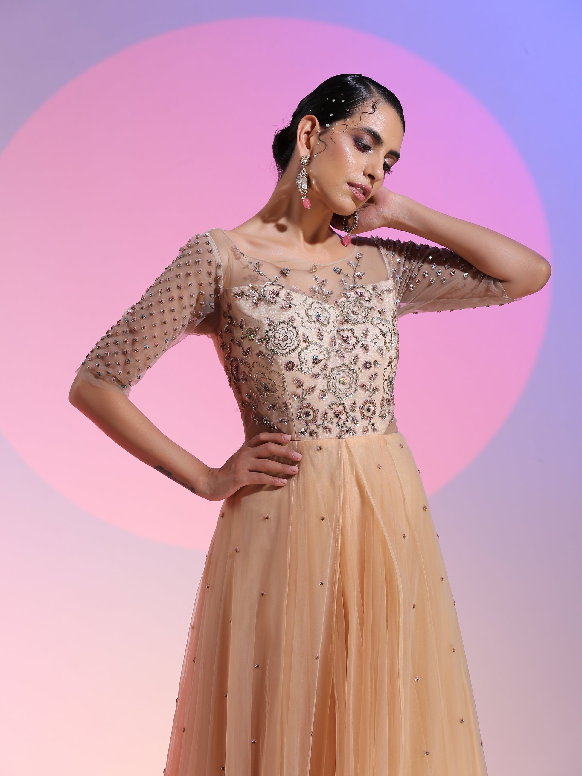 Peach Pink Ombre Net Pitta Sequin Bead Kalidar Gown Illusive Neckline