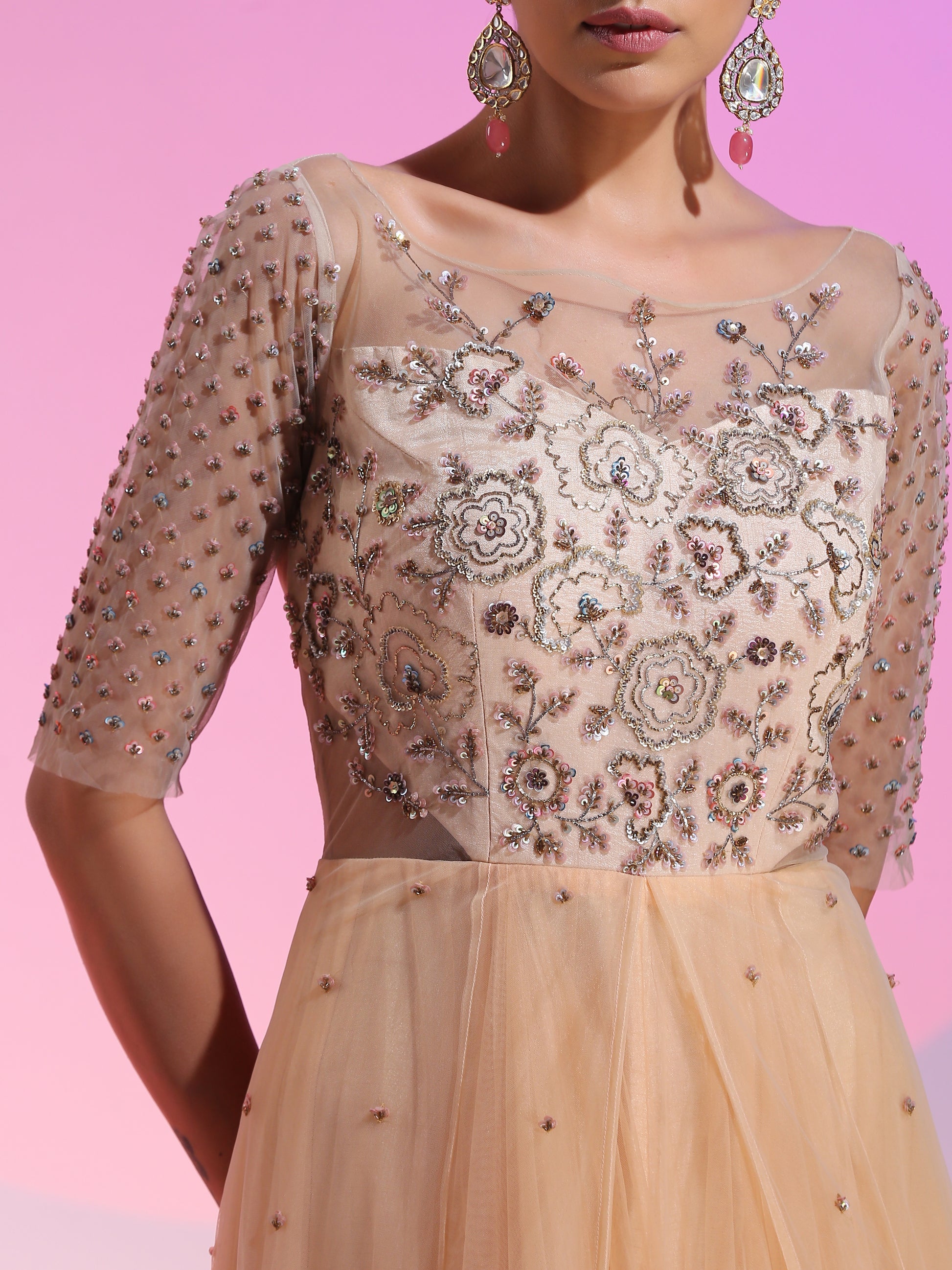 Peach Pink Ombre Net Pitta Sequin Bead Kalidar Gown Illusive Neckline