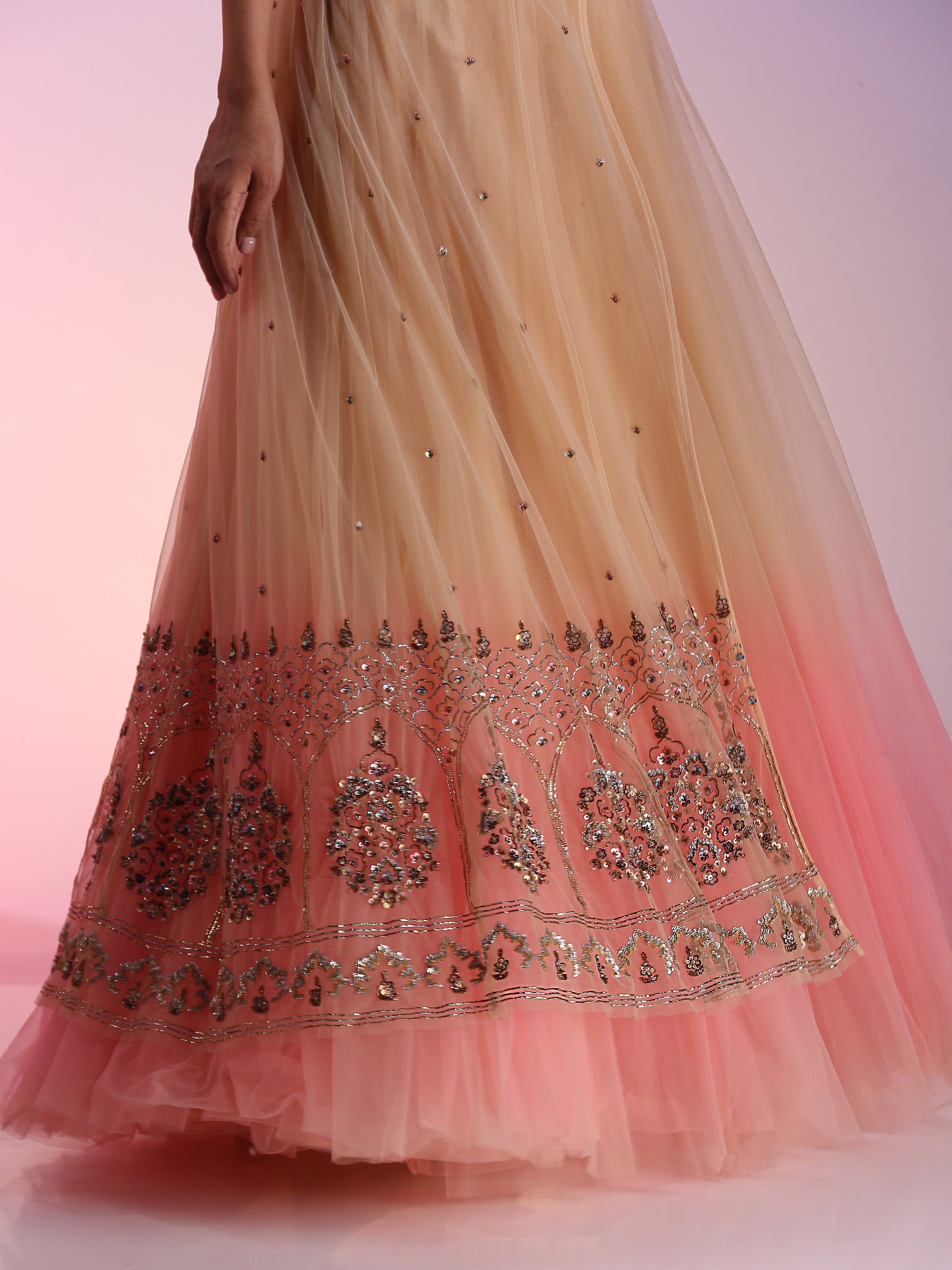 Peach Pink Ombre Net Pitta Sequin Bead Kalidar Gown Illusive Neckline