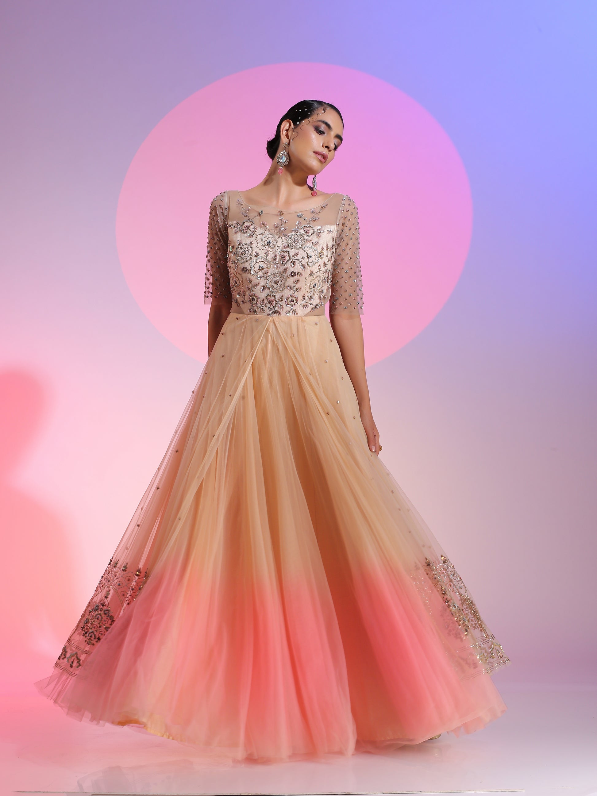 Peach Pink Ombre Net Pitta Sequin Bead Kalidar Gown Illusive Neckline