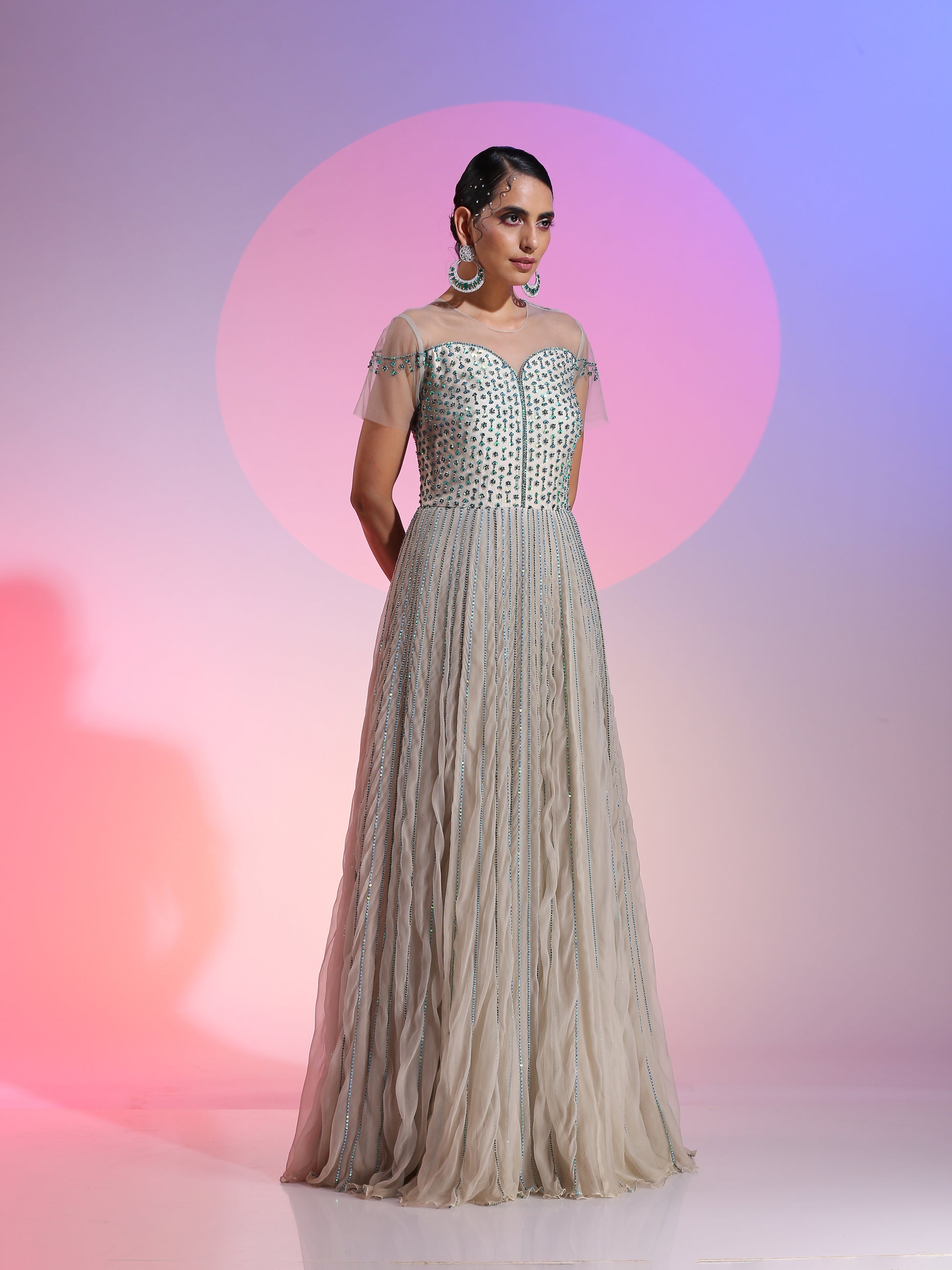 White Silver Net Chiffon Sequin Beadwork Layered Gown Illusive Neckline