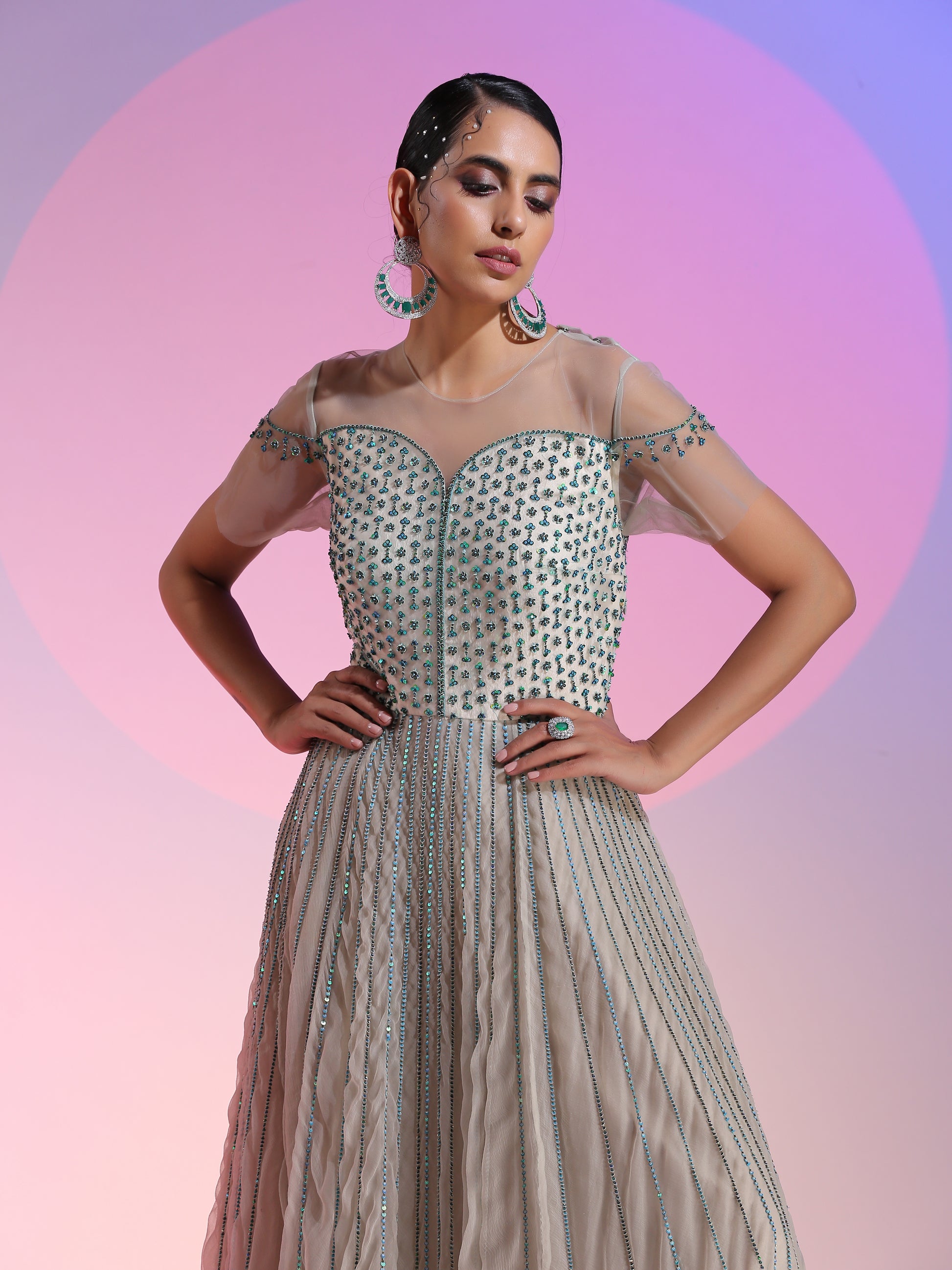 White Silver Net Chiffon Sequin Beadwork Layered Gown Illusive Neckline