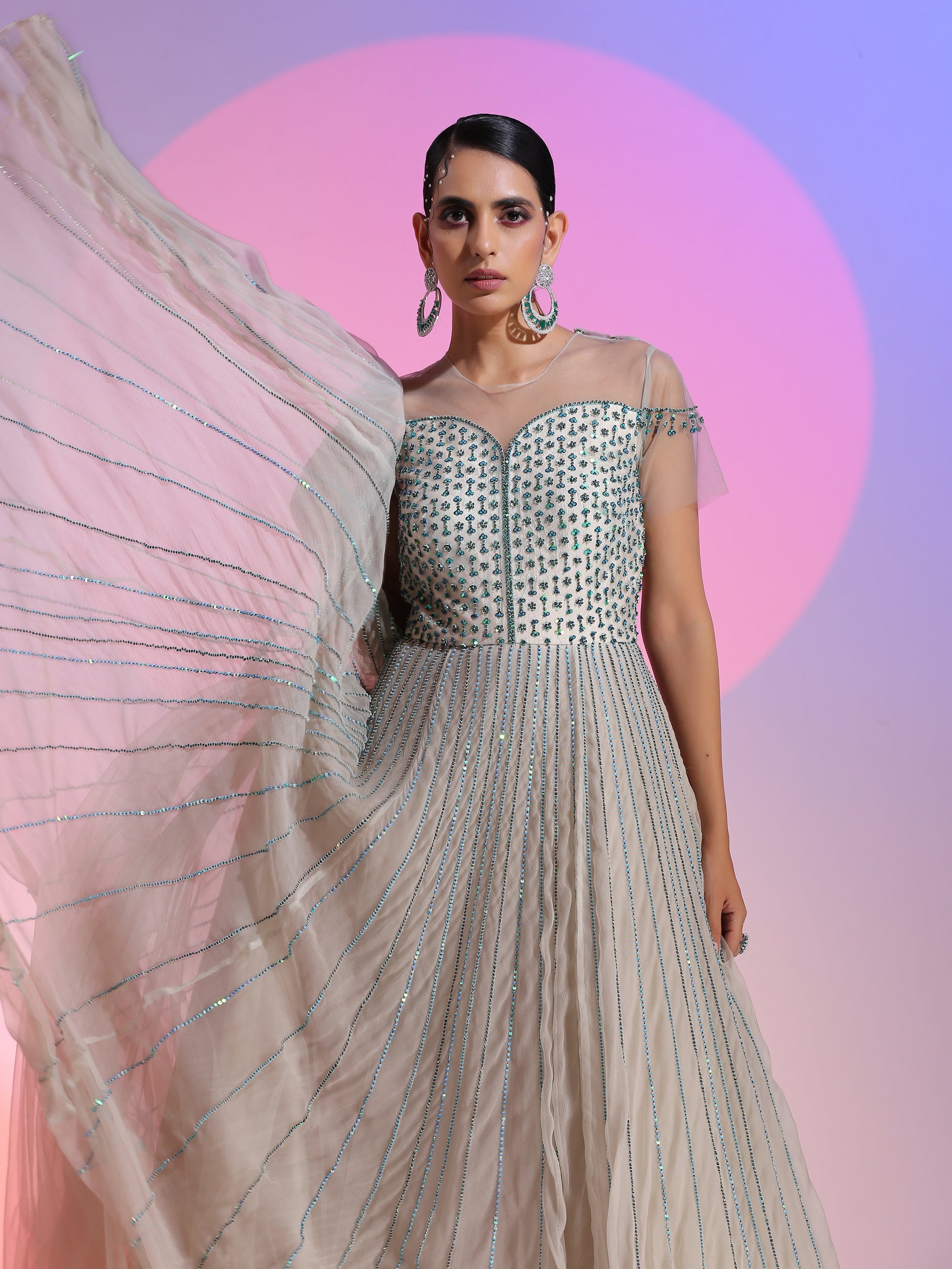 White Silver Net Chiffon Sequin Beadwork Layered Gown Illusive Neckline