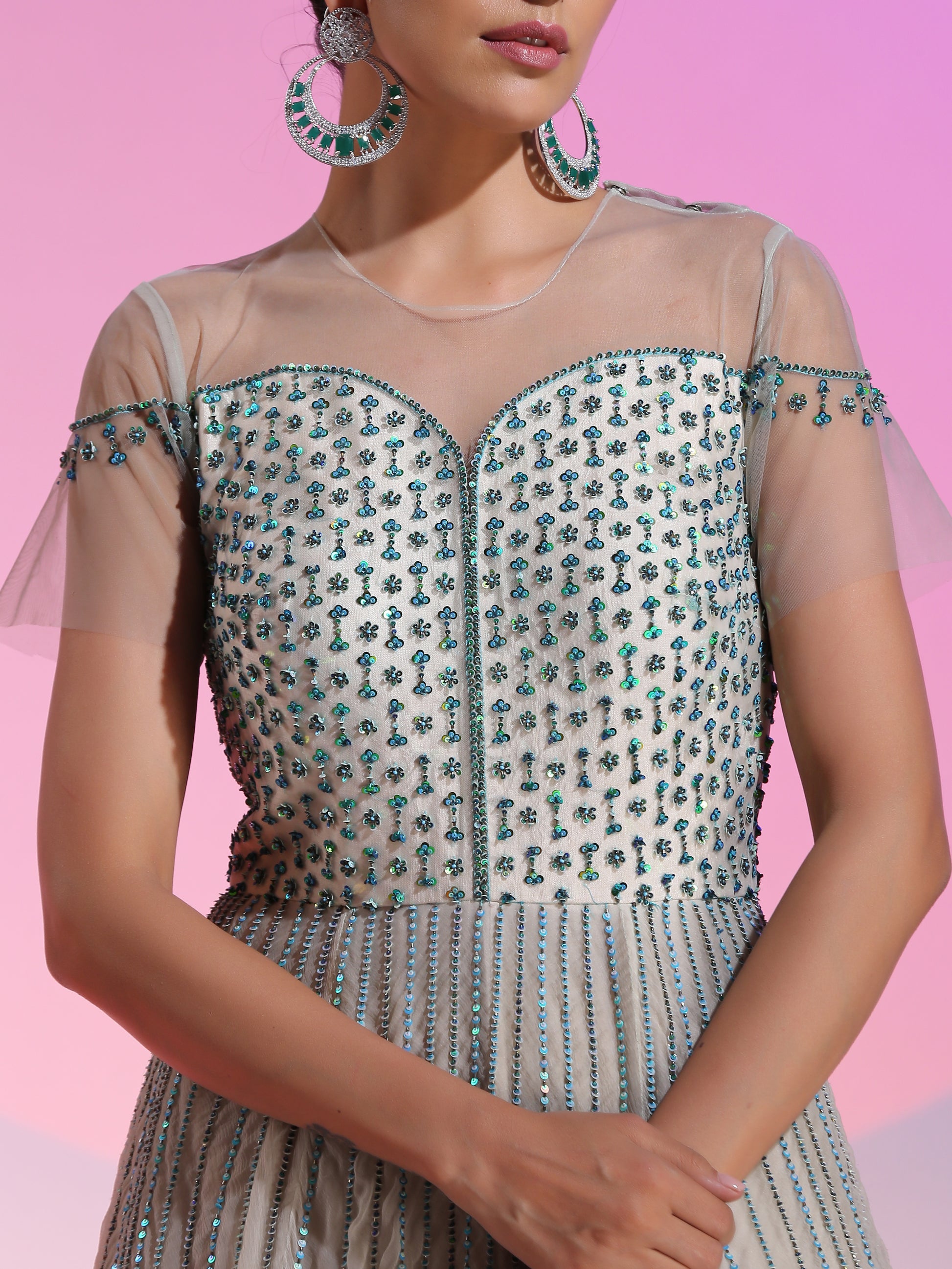 White Silver Net Chiffon Sequin Beadwork Layered Gown Illusive Neckline