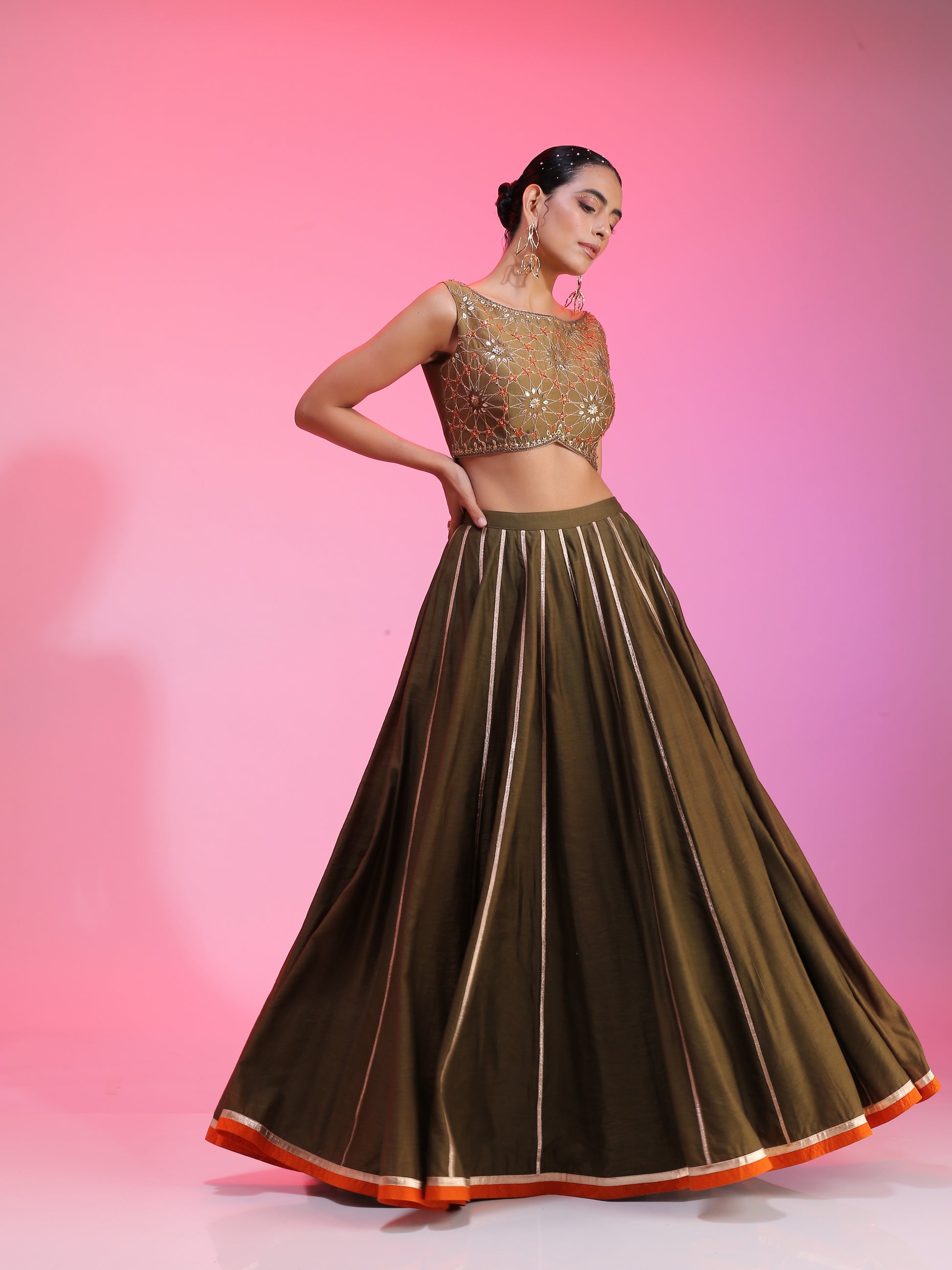 Olive Green Chanderi Zari Sequin Resham Lehenga Rust Dupatta