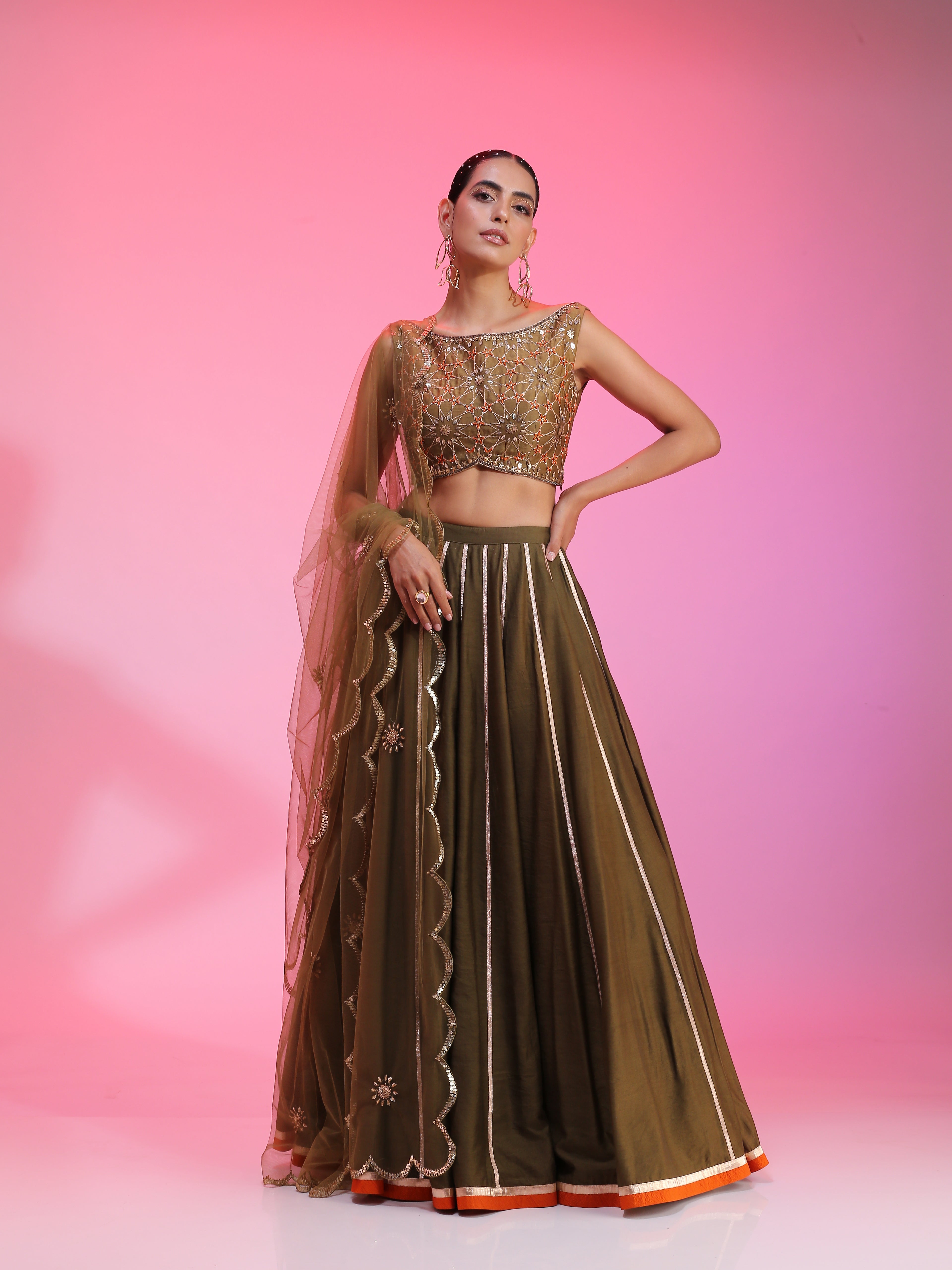 Olive Green Chanderi Zari Sequin Resham Lehenga Rust Dupatta