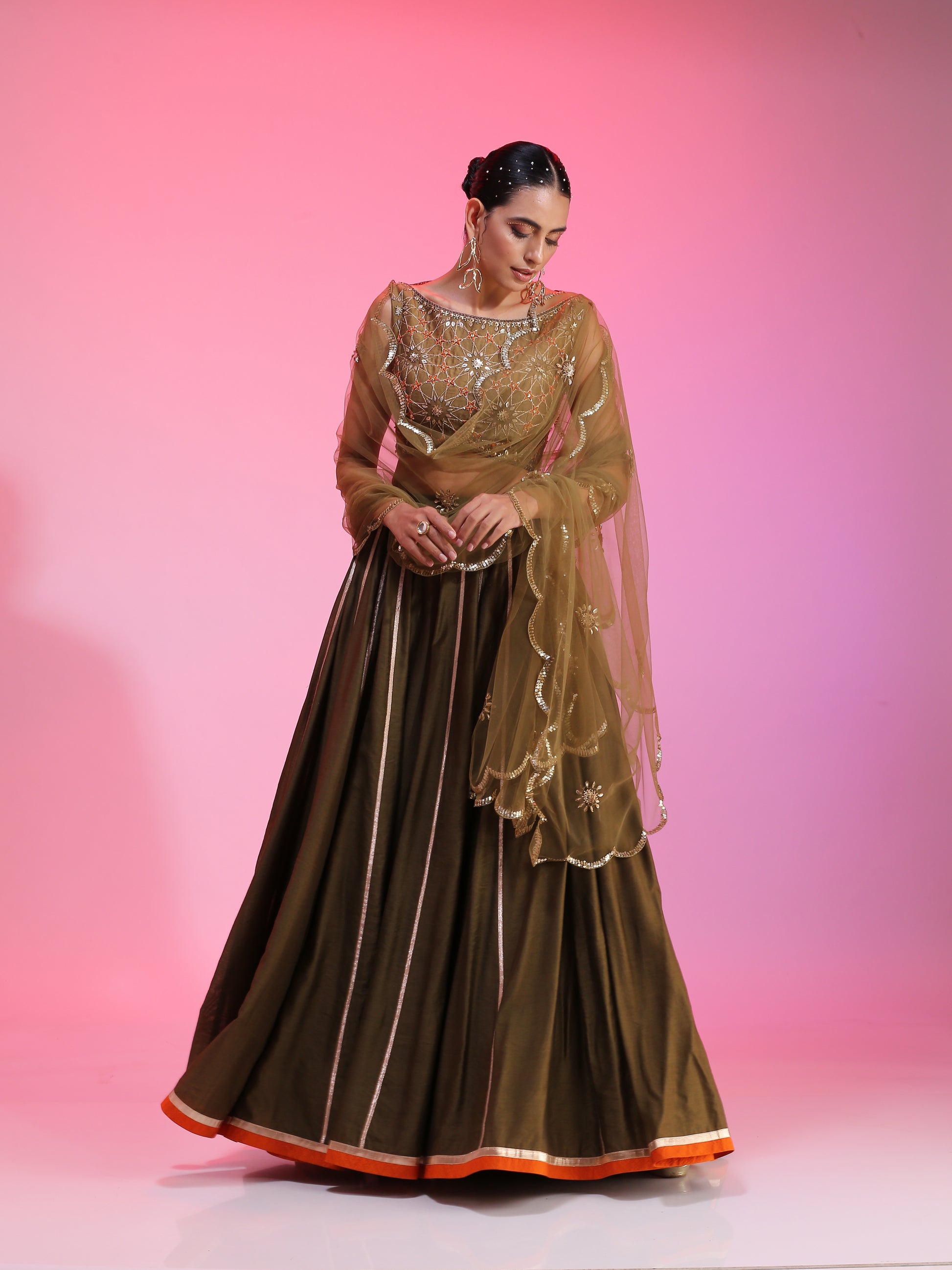 Olive Green Chanderi Zari Sequin Resham Lehenga Rust Dupatta