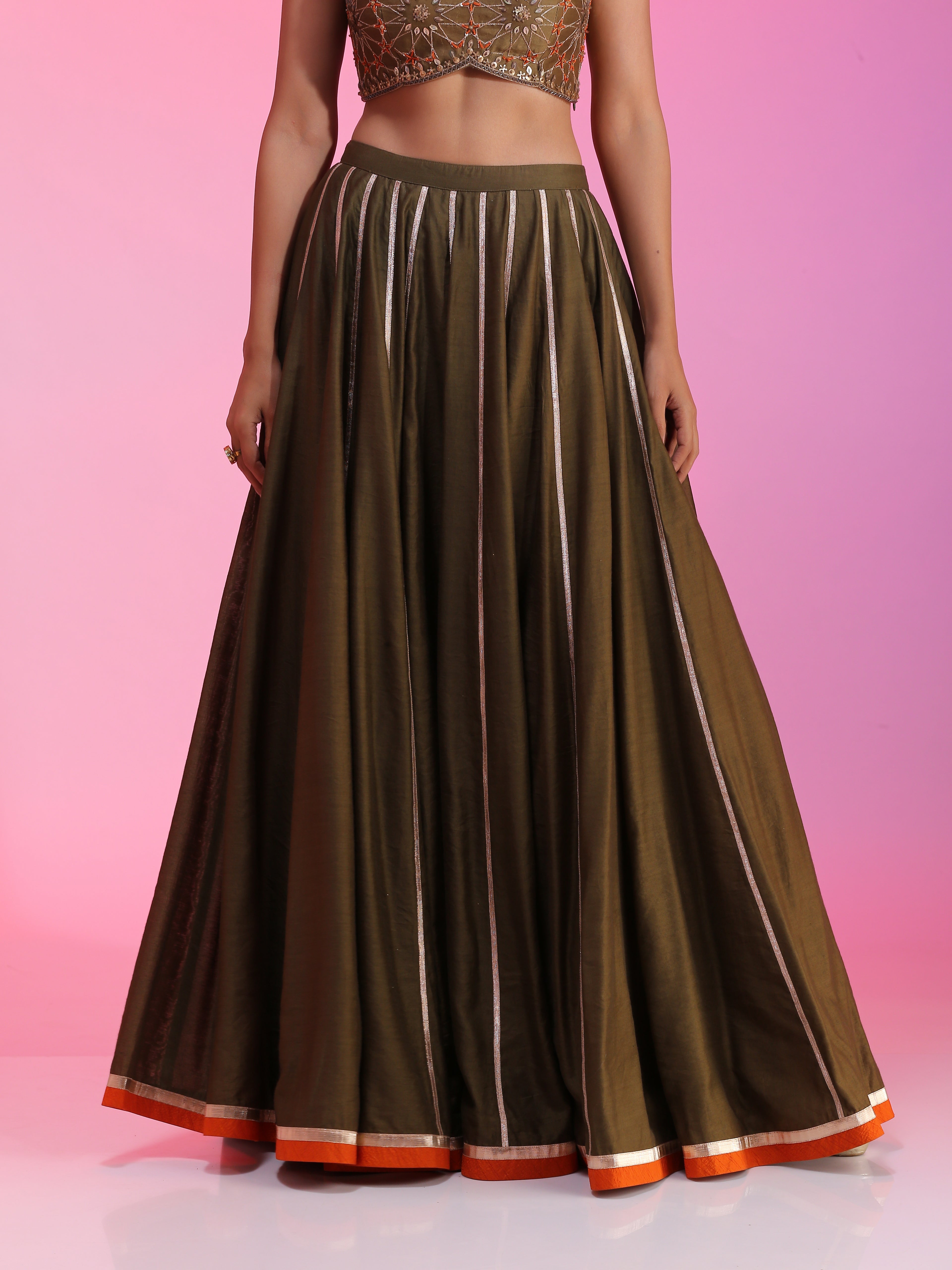Olive Green Chanderi Zari Sequin Resham Lehenga Rust Dupatta