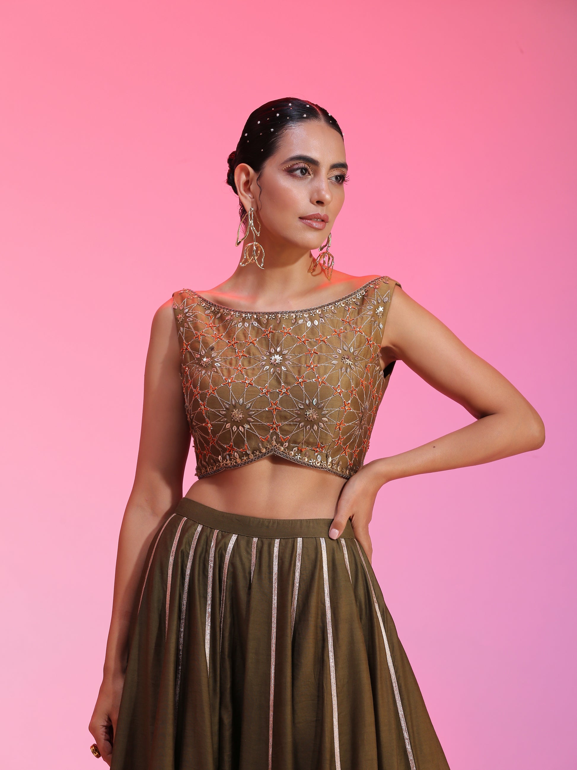 Olive Green Chanderi Zari Sequin Resham Lehenga Rust Dupatta