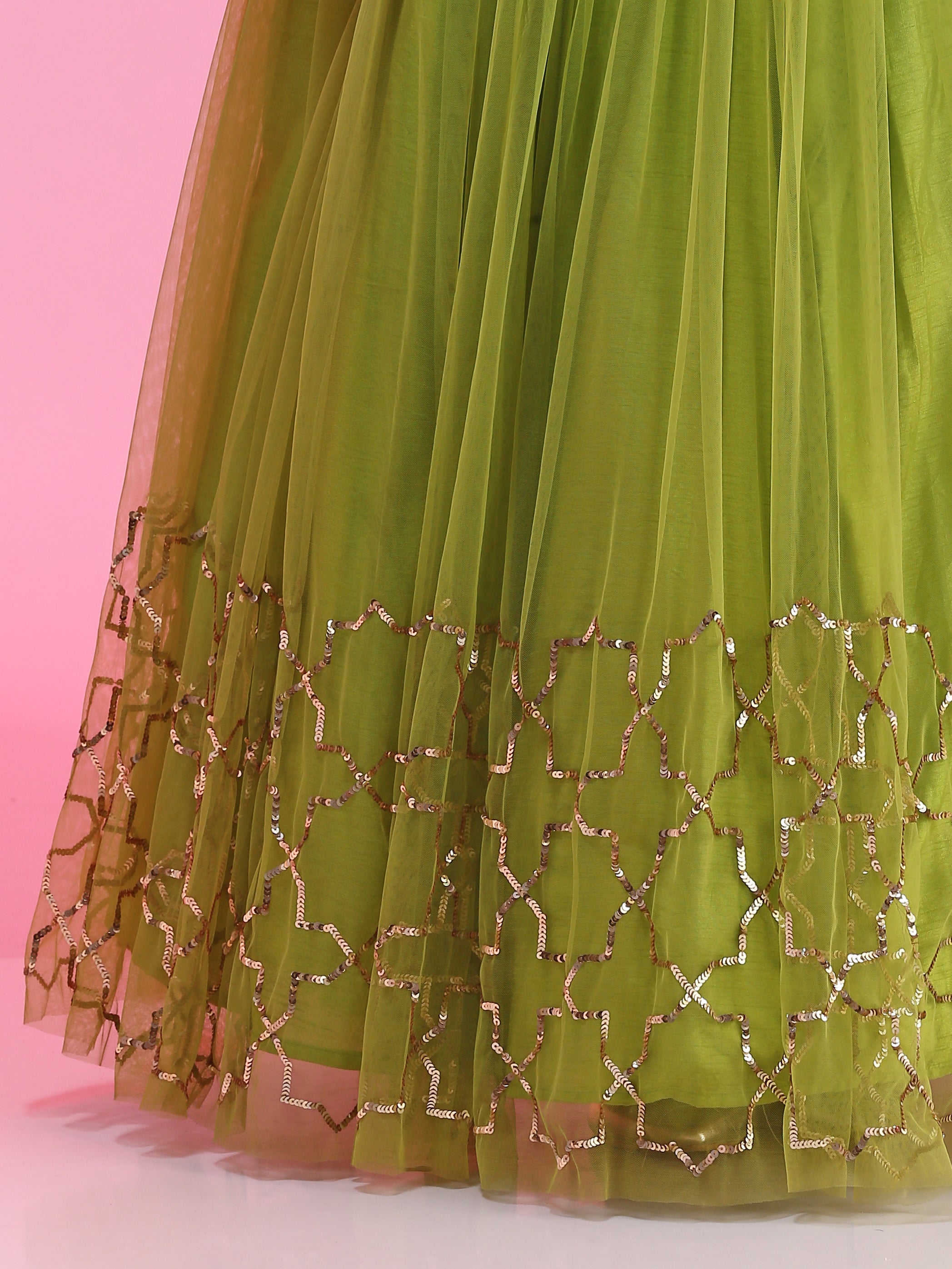 Colorpop Lime Green Net Sequin Embroidery Lehenga Off-Shoulder Blouse