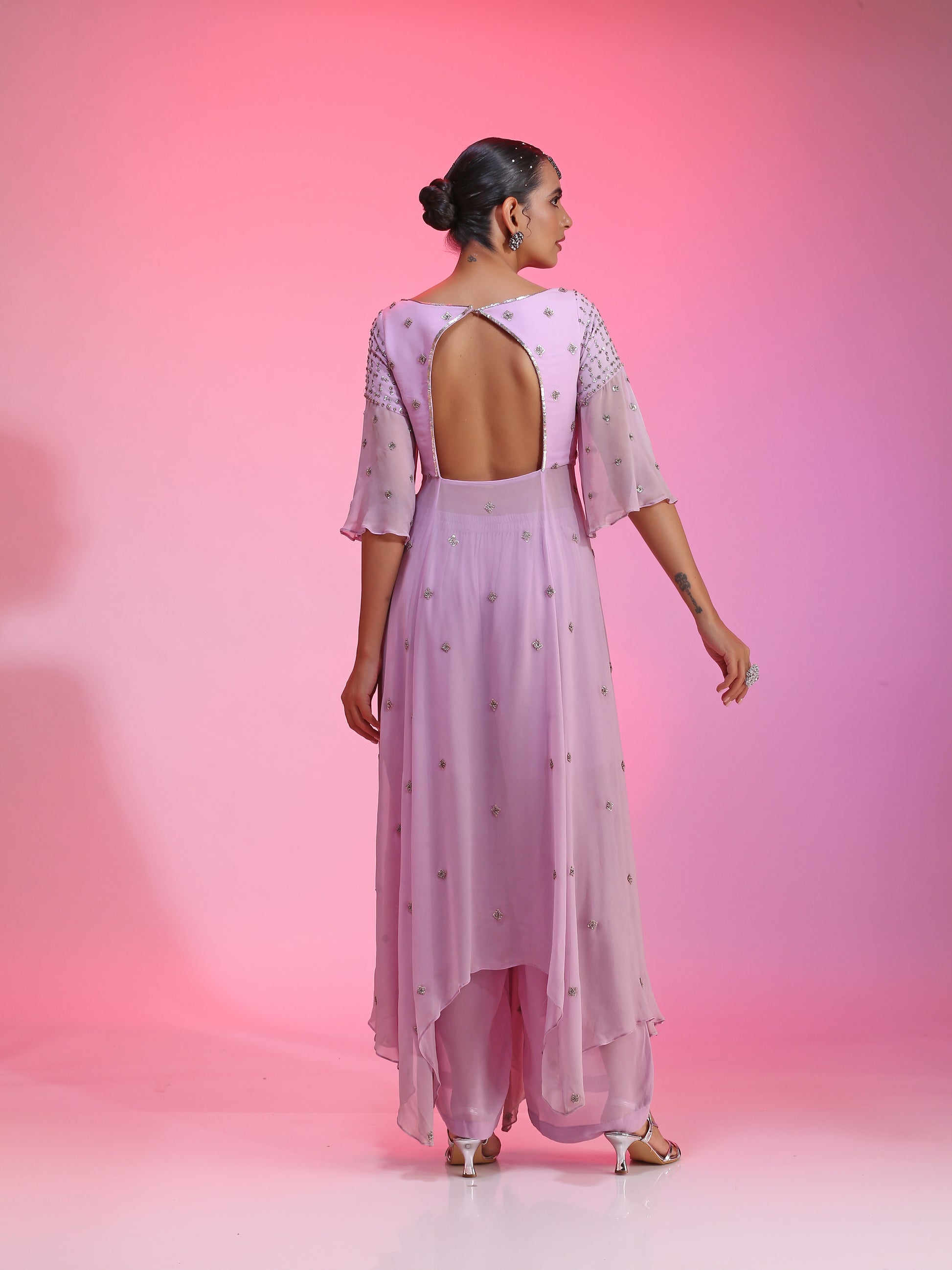 Lilac Bemberg Georgette Zardozi Resham Kalidar Kurta Palazzo Set