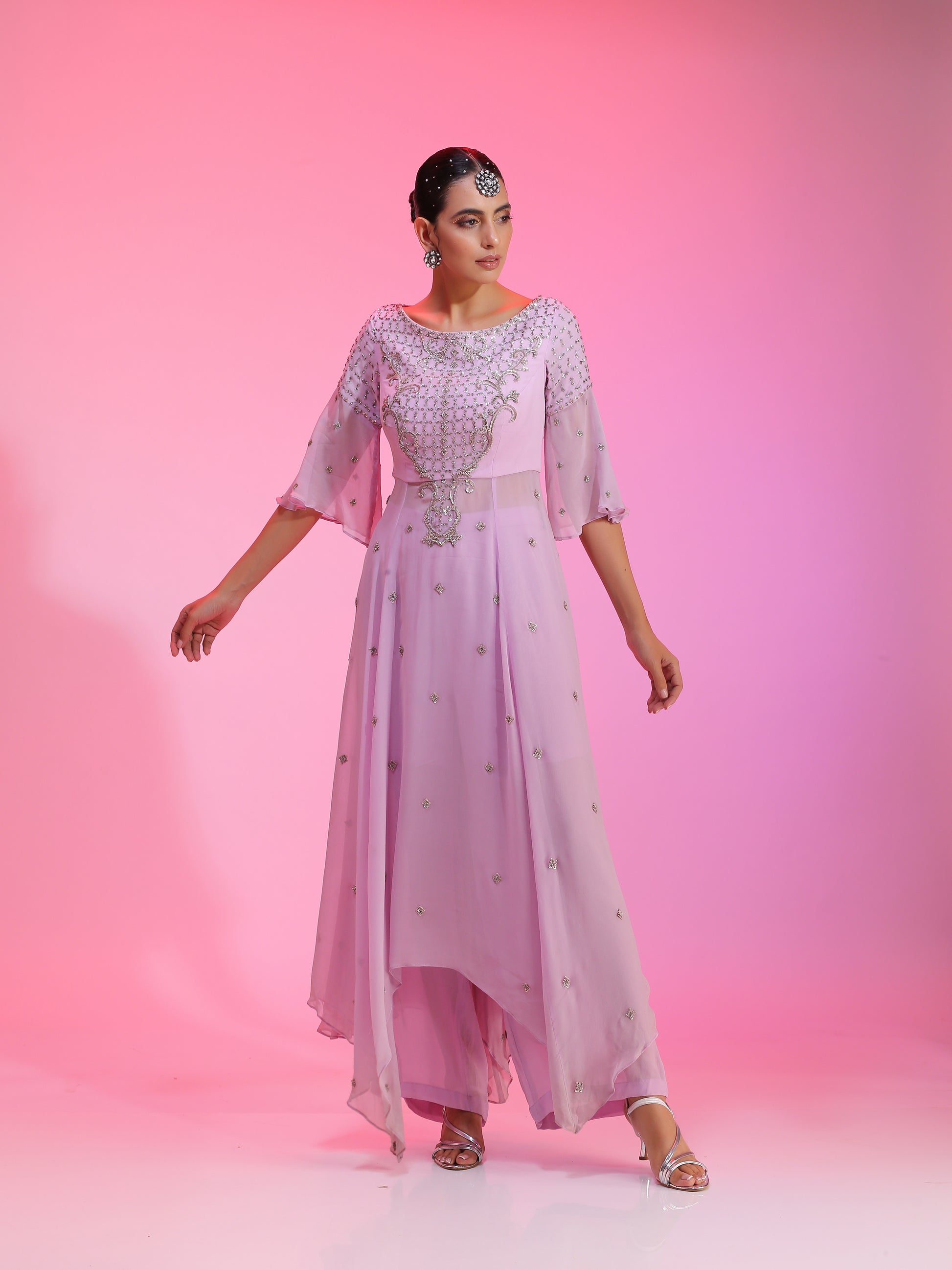 Lilac Bemberg Georgette Zardozi Resham Kalidar Kurta Palazzo Set