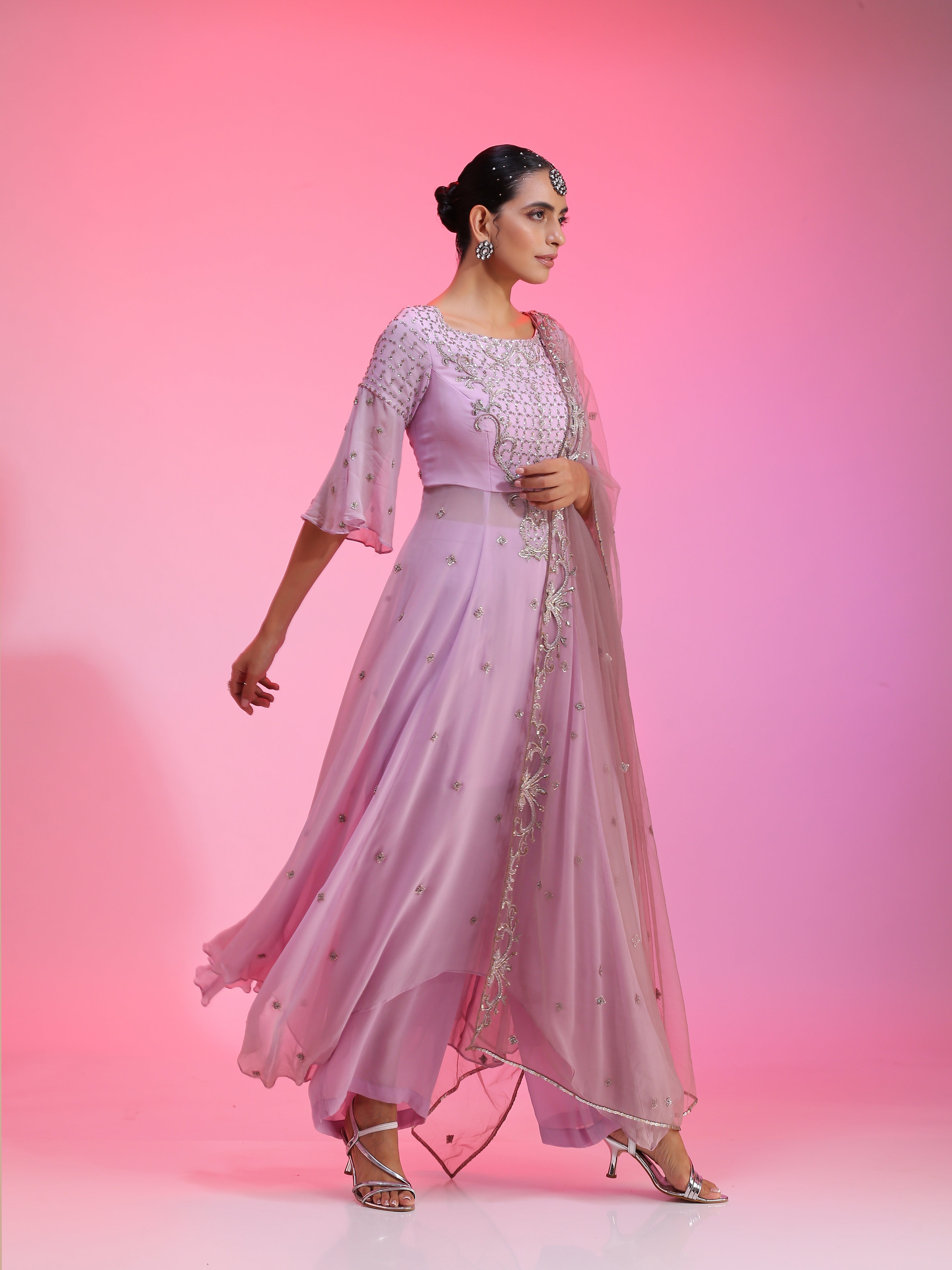 Lilac Bemberg Georgette Zardozi Resham Kalidar Kurta Palazzo Set