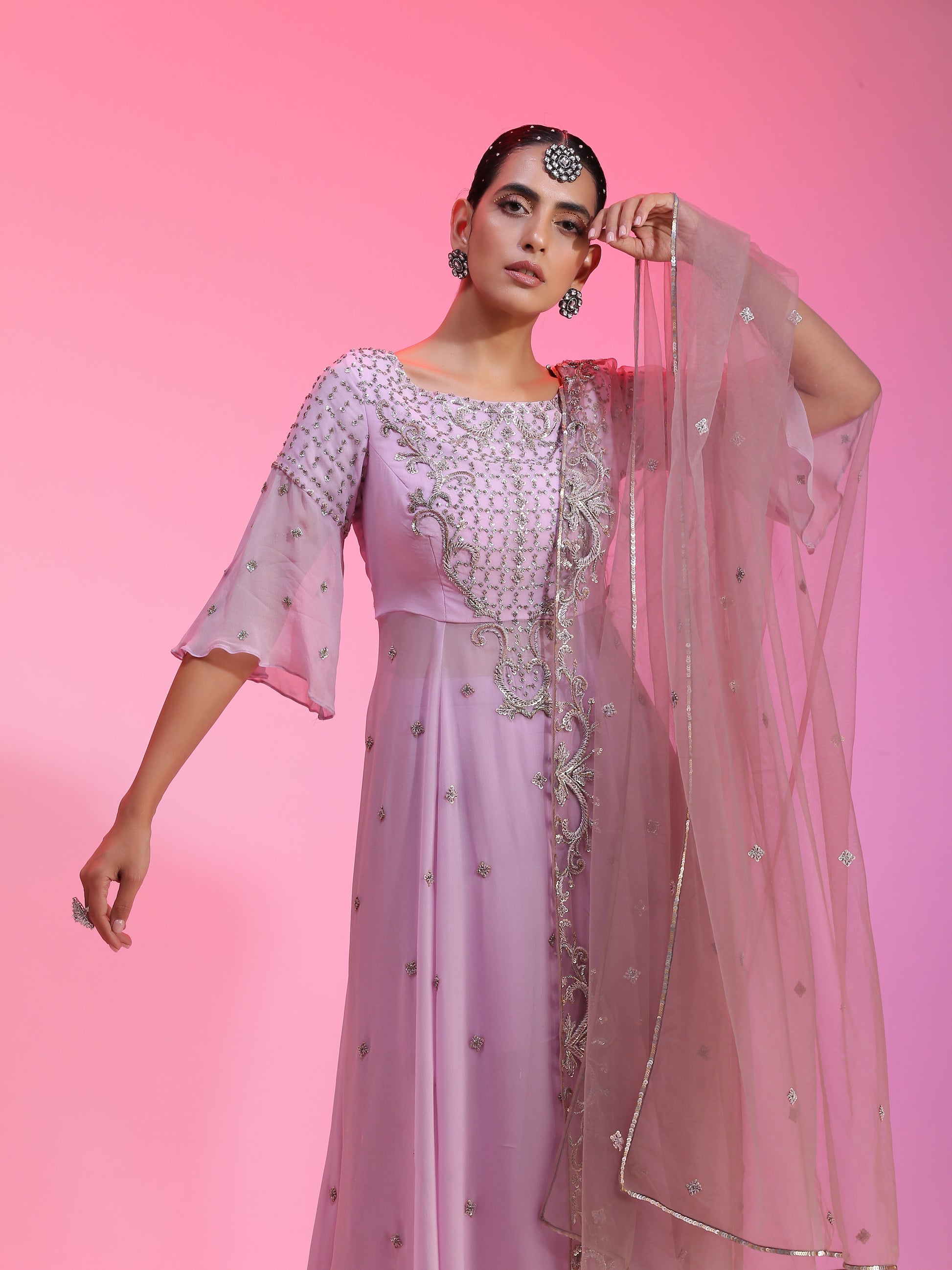 Lilac Bemberg Georgette Zardozi Resham Kalidar Kurta Palazzo Set