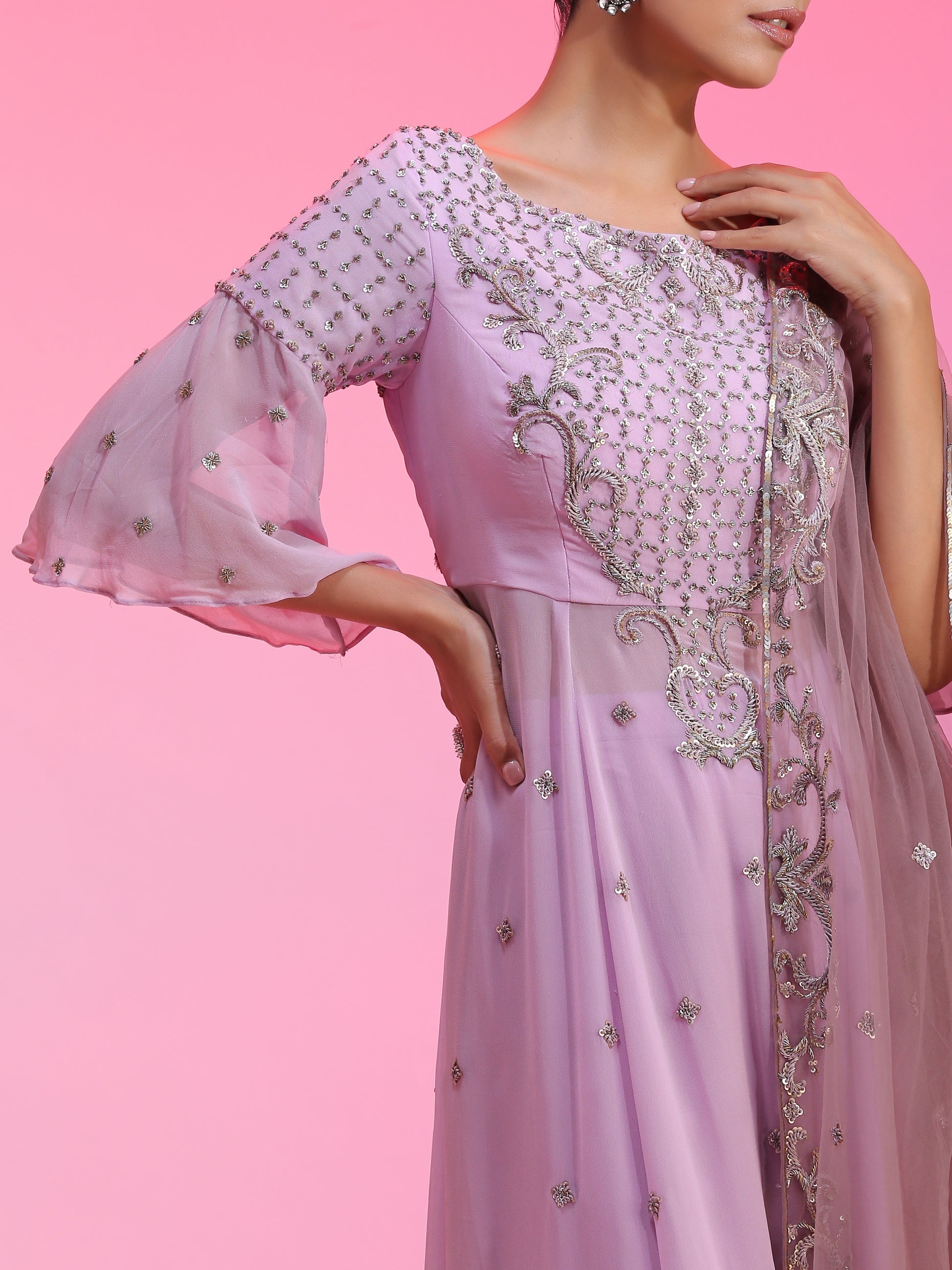 Lilac Bemberg Georgette Zardozi Resham Kalidar Kurta Palazzo Set