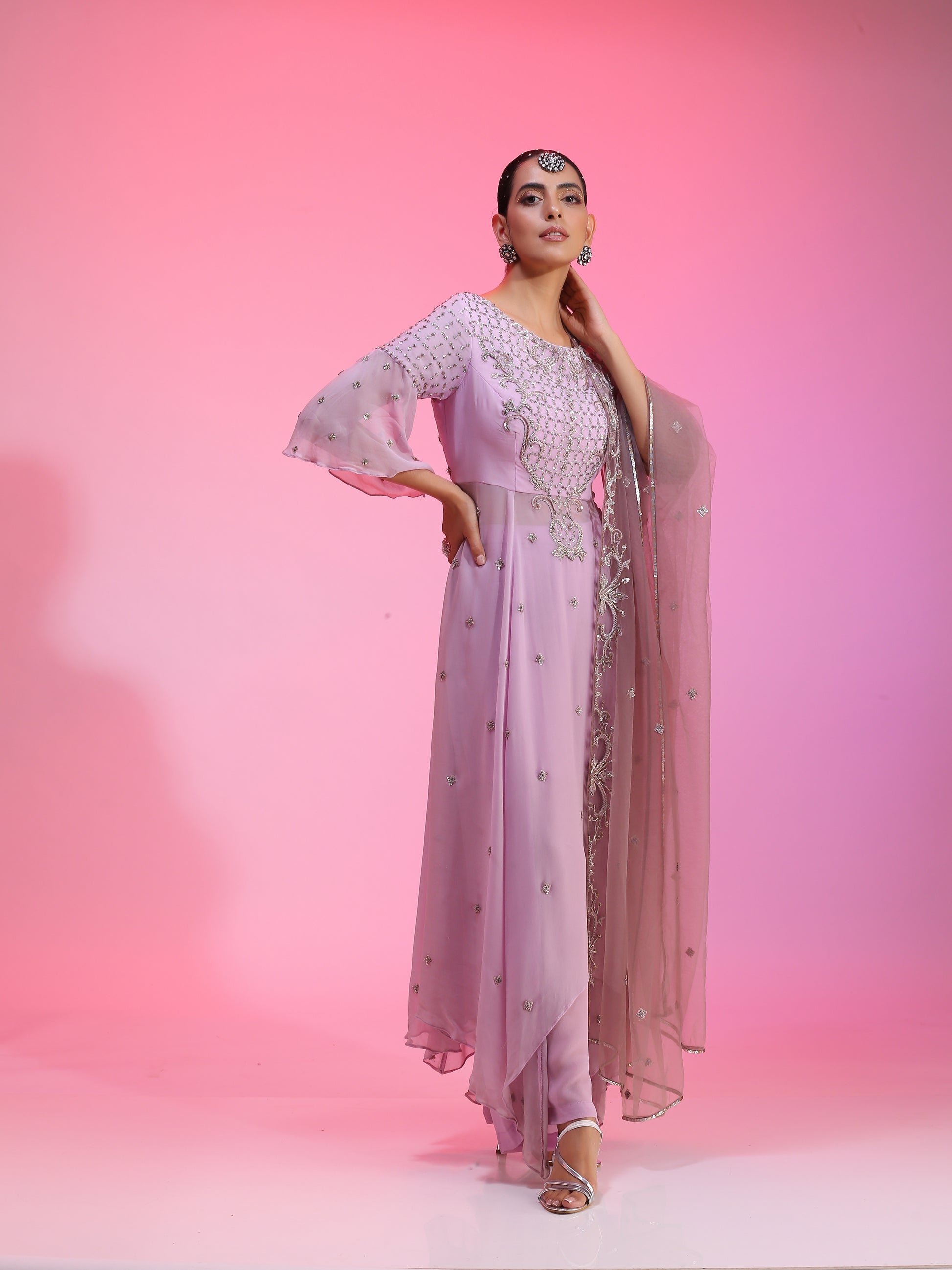 Lilac Bemberg Georgette Zardozi Resham Kalidar Kurta Palazzo Set