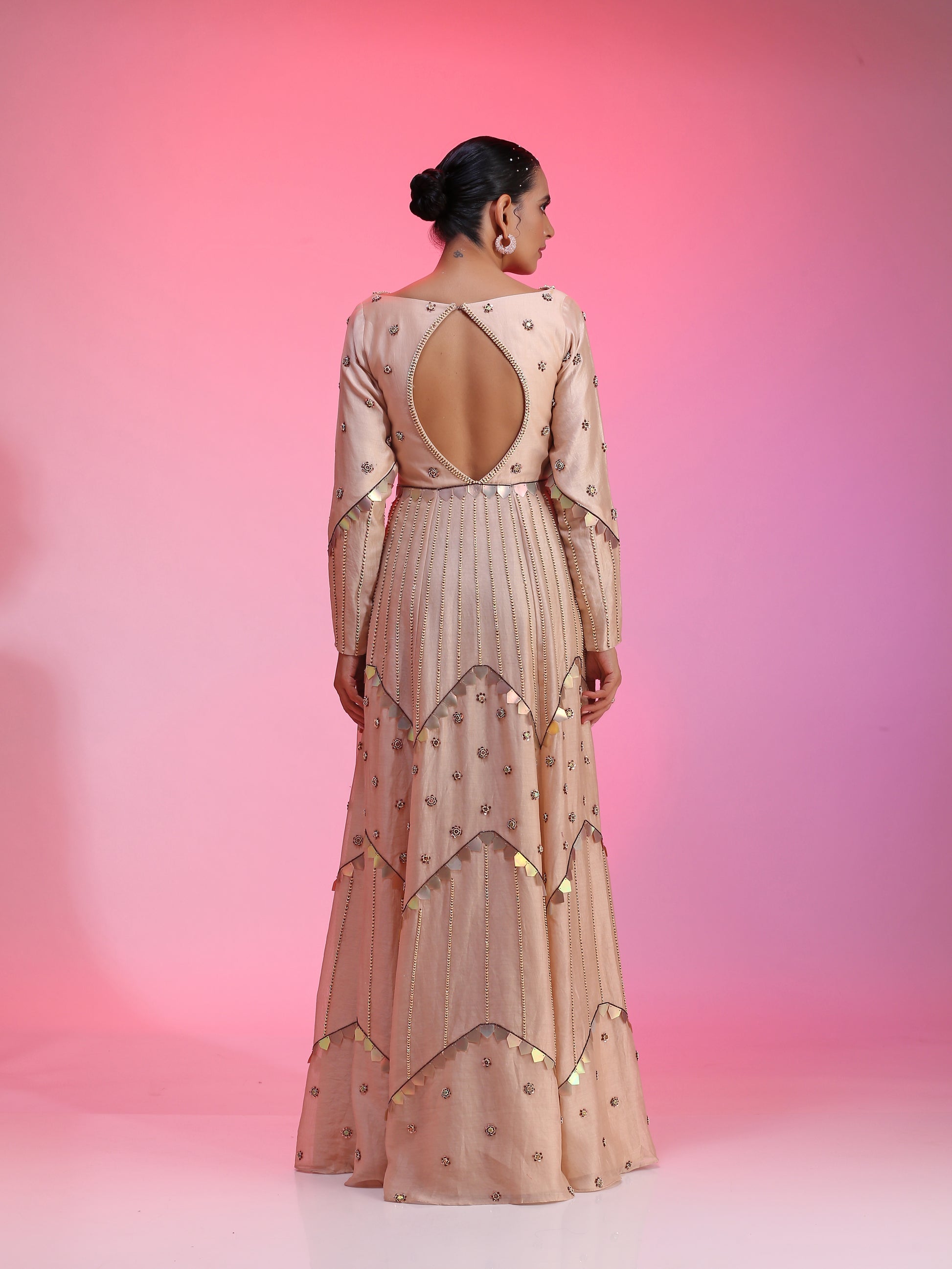 Nude Powder Pink Peach Chanderi Multichrome Sequin Kalidar Gown